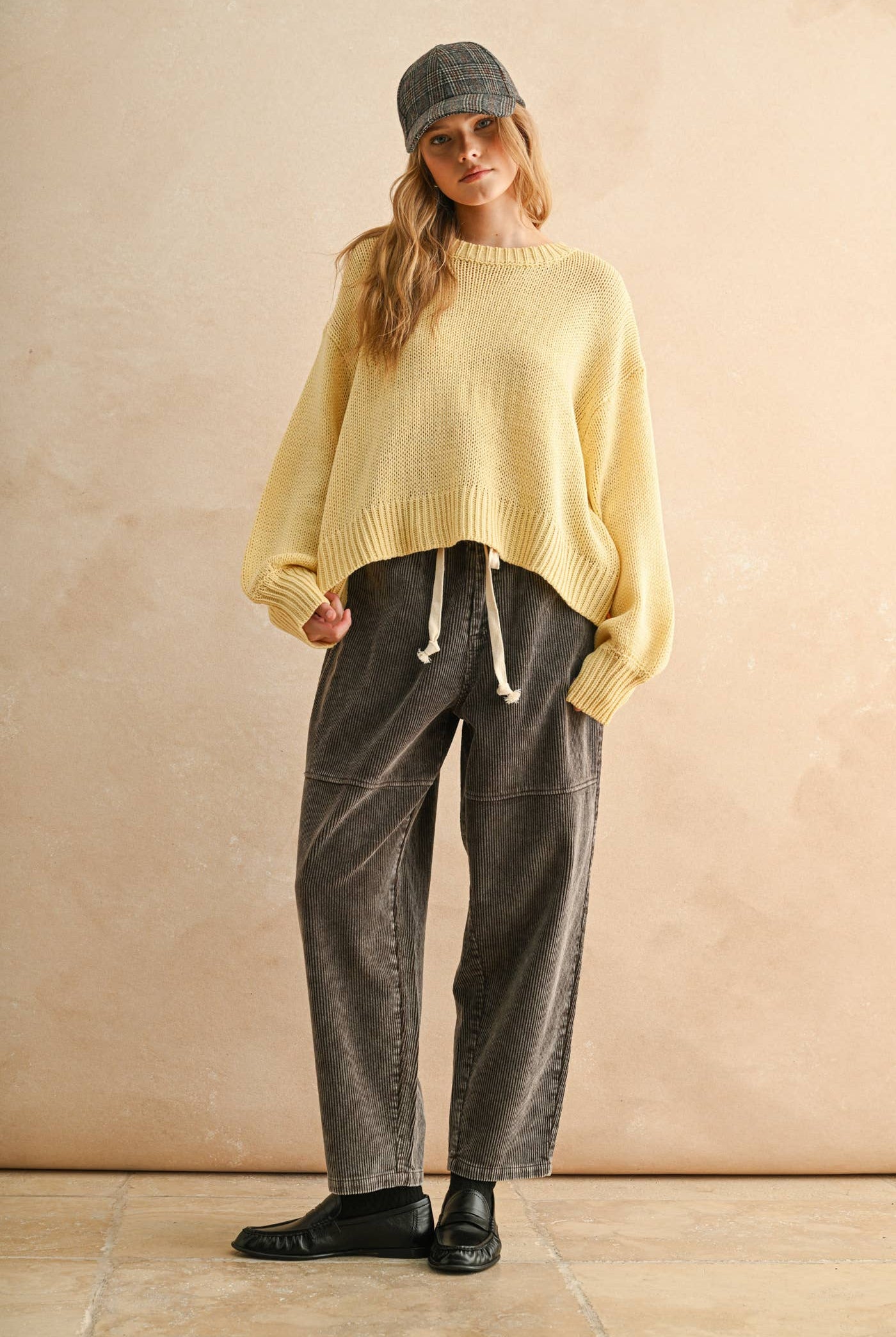 yellow knit sweater, balloon long sleeves, crewneck