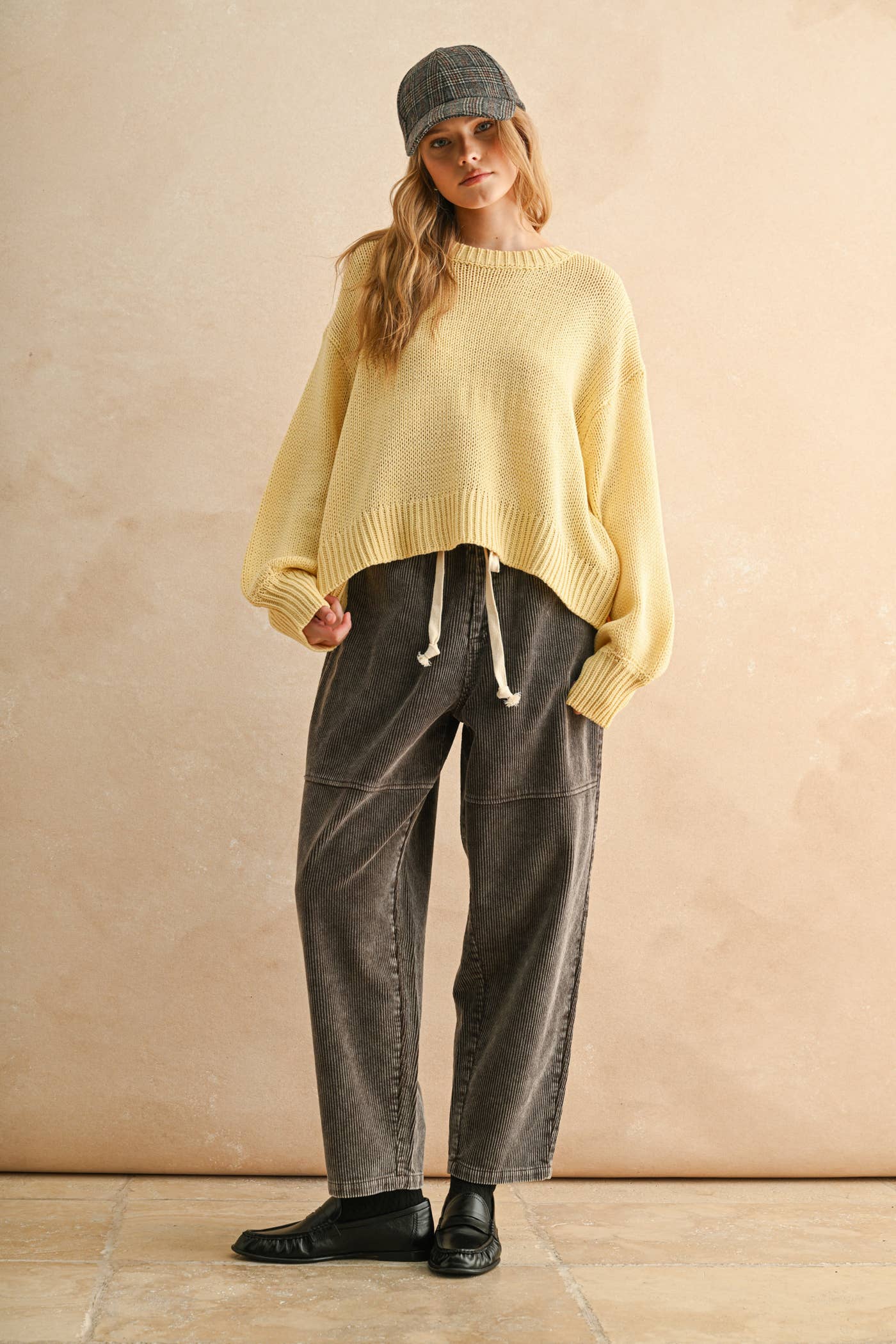 yellow knit sweater, balloon long sleeves, crewneck