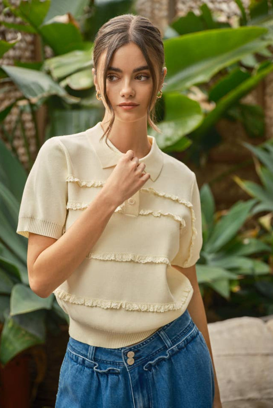 Polo Lace Detail Sweater Top in Lemon