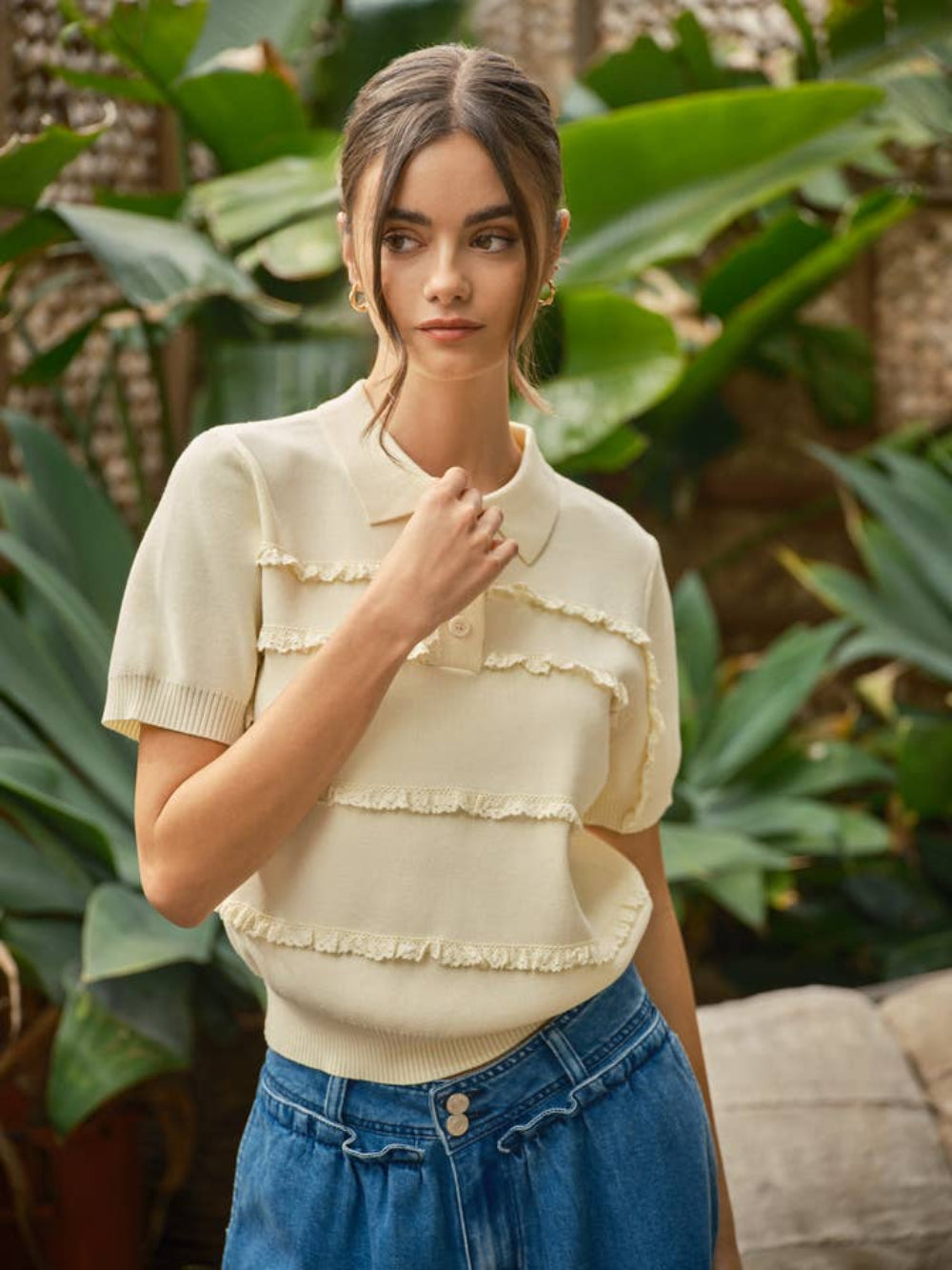 Polo Lace Detail Sweater Top in Lemon