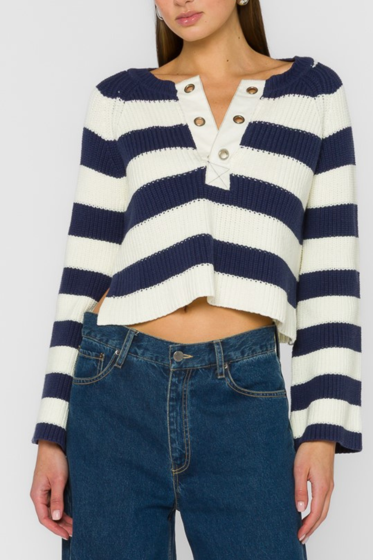 Cropped navy and white striped sweater