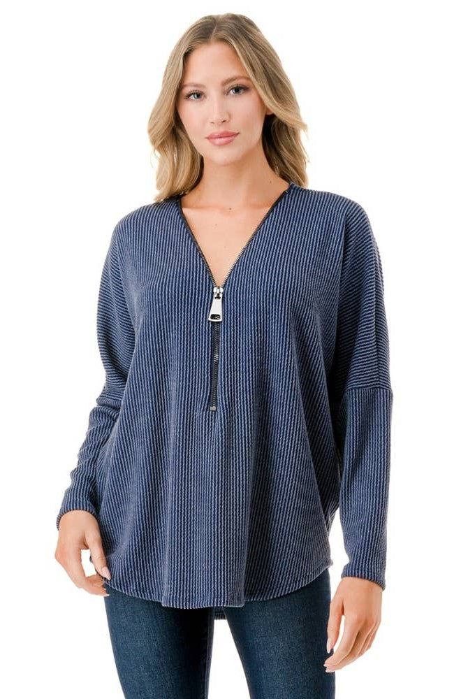 Ariella USA Dolman Sleeve Zipper Top in Navy