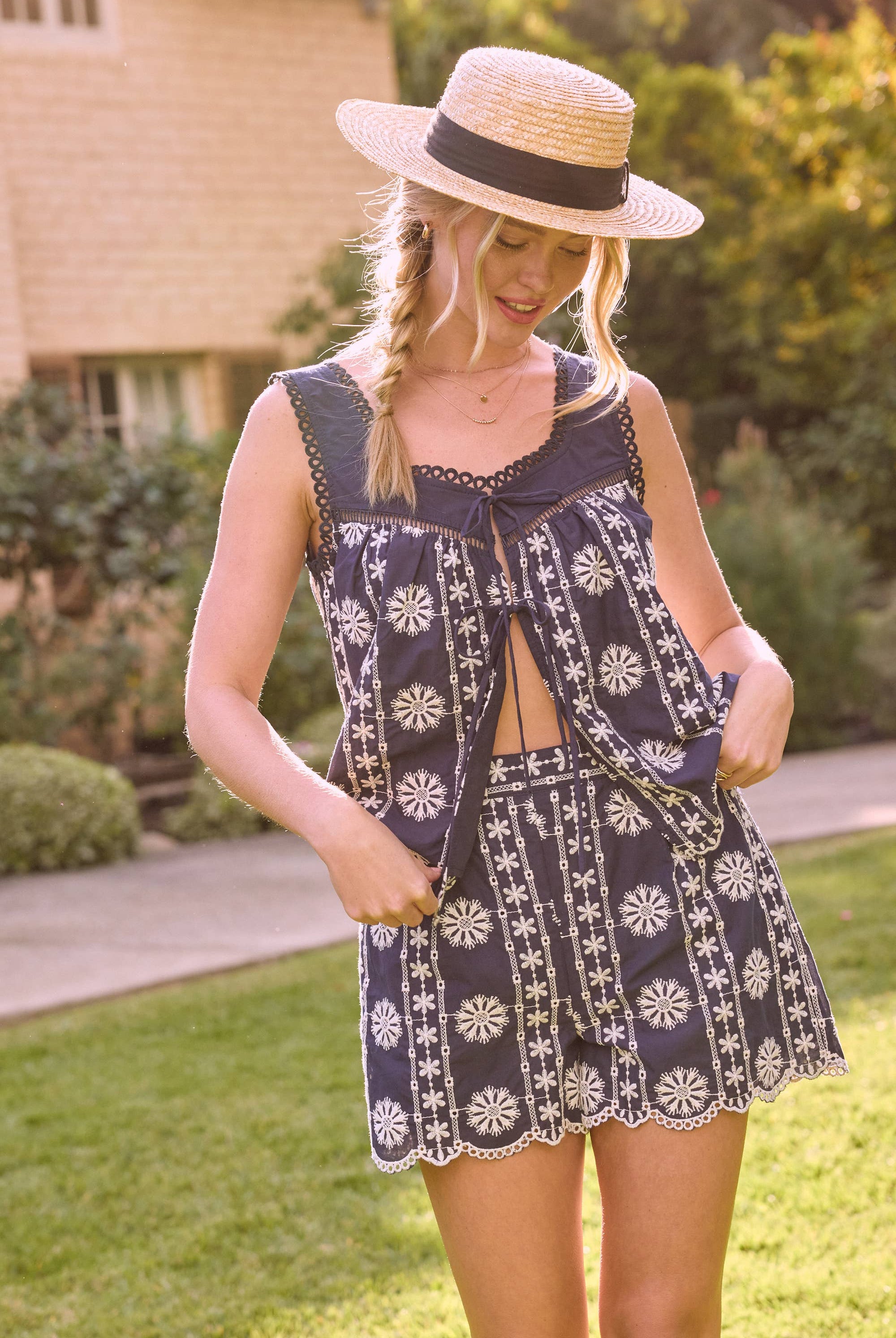Embroidered Navy Blue Shorts