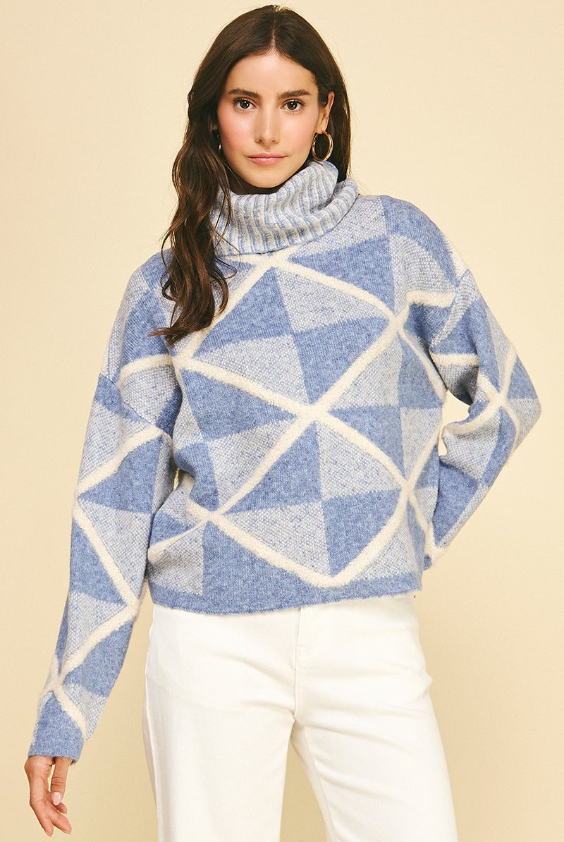 Blue and Cream Geometric Pattern, Turtleneck sweater.