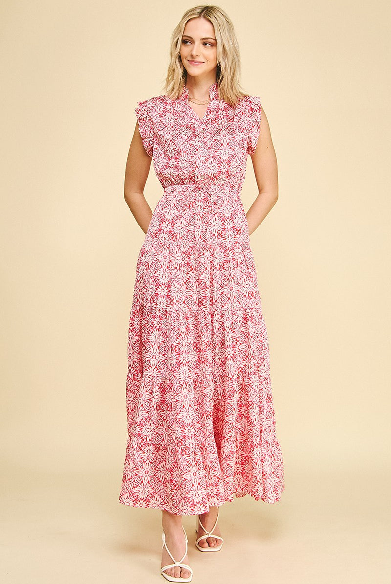 Pinch Floral Print Tiered Maxi Dress in Pink