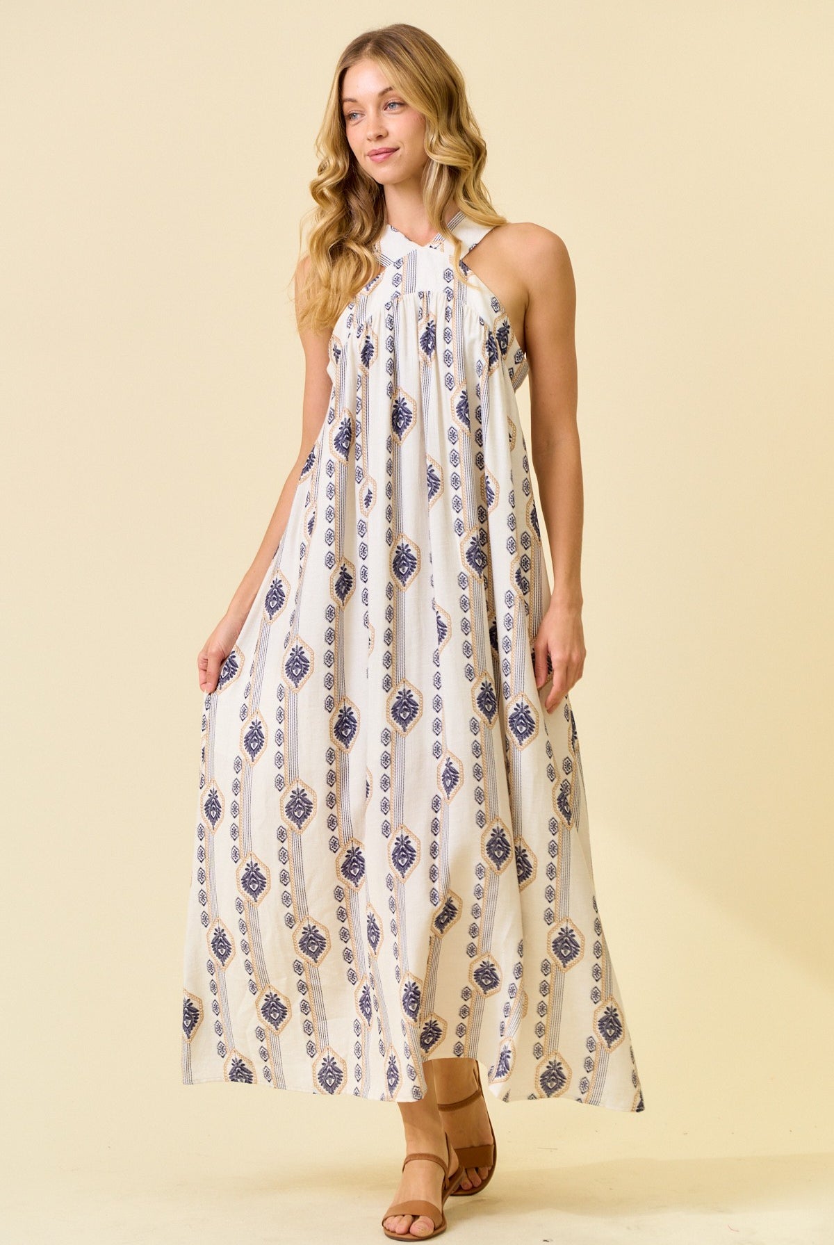 Botanical Print Halter Maxi Dress.