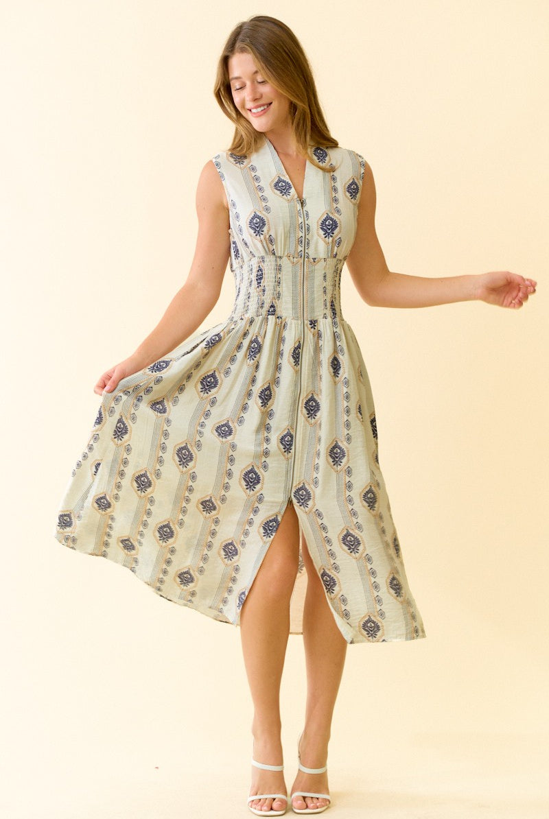 Off-White Midi Dress with Botanical Print