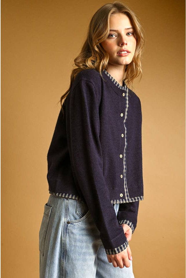 Miou Muse Plaid Contrasted Button Front Cardigan - Navy