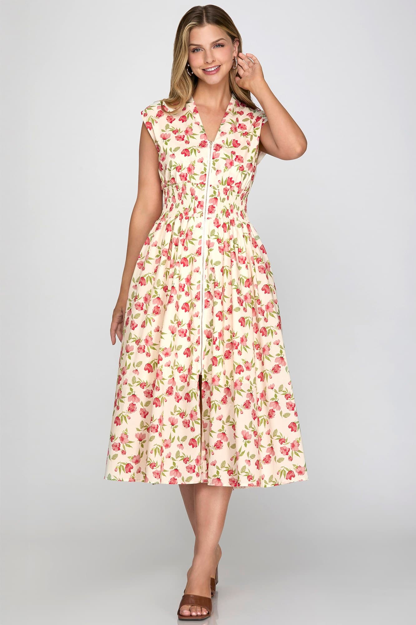 Front Zip Floral Midi Dress
