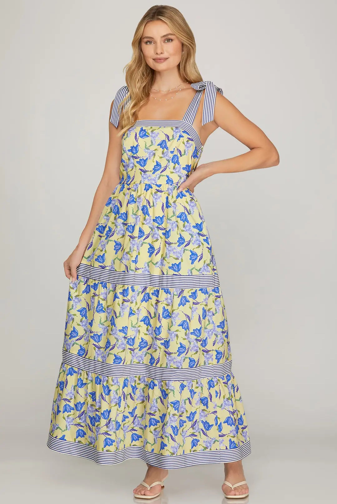 She & Sky Tied-Shoulder Tiered Maxi Dress in Blue