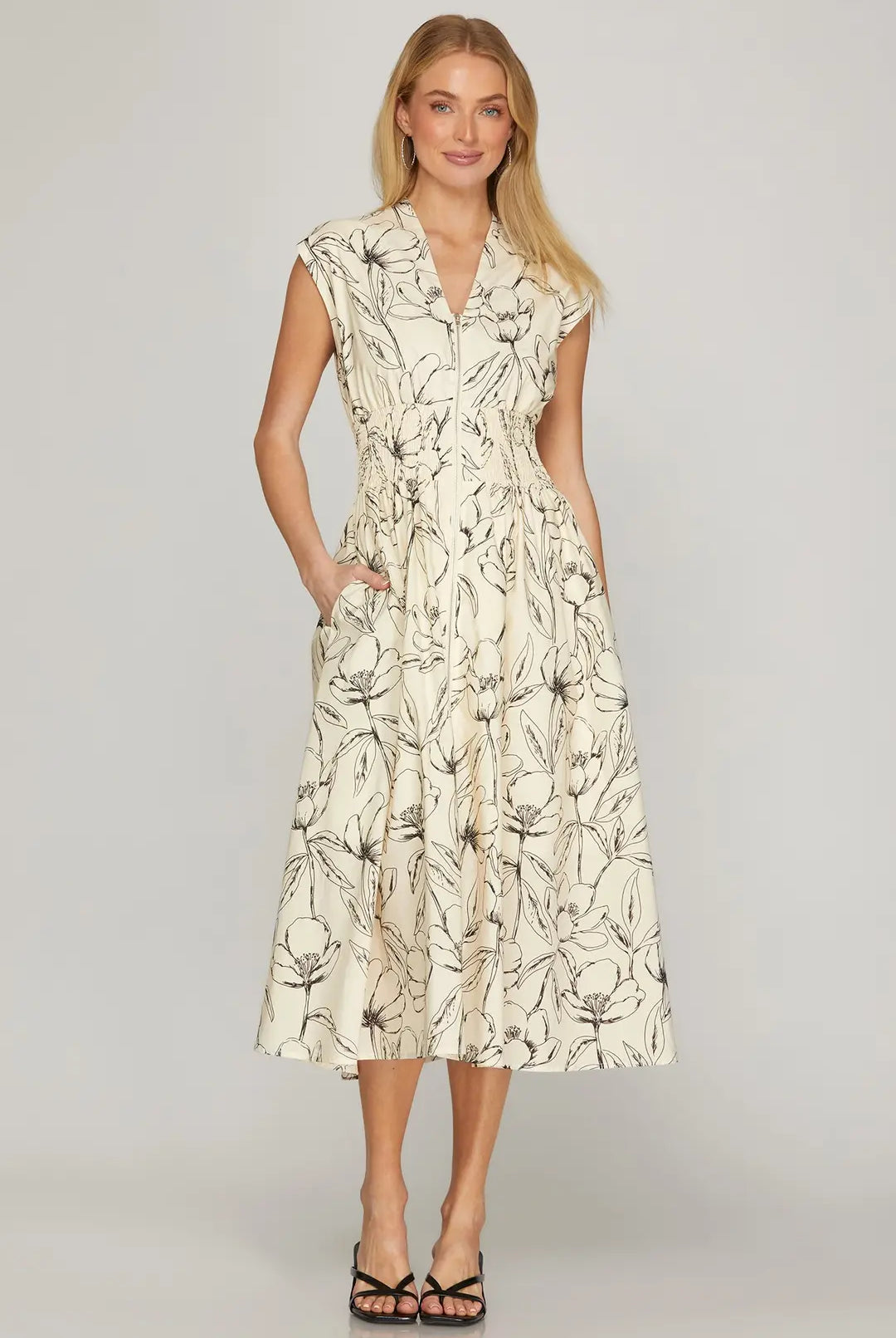 She & Sky Drop Shoulder Smocked Waist Front Zip Printed Mini Dress with Pockets
