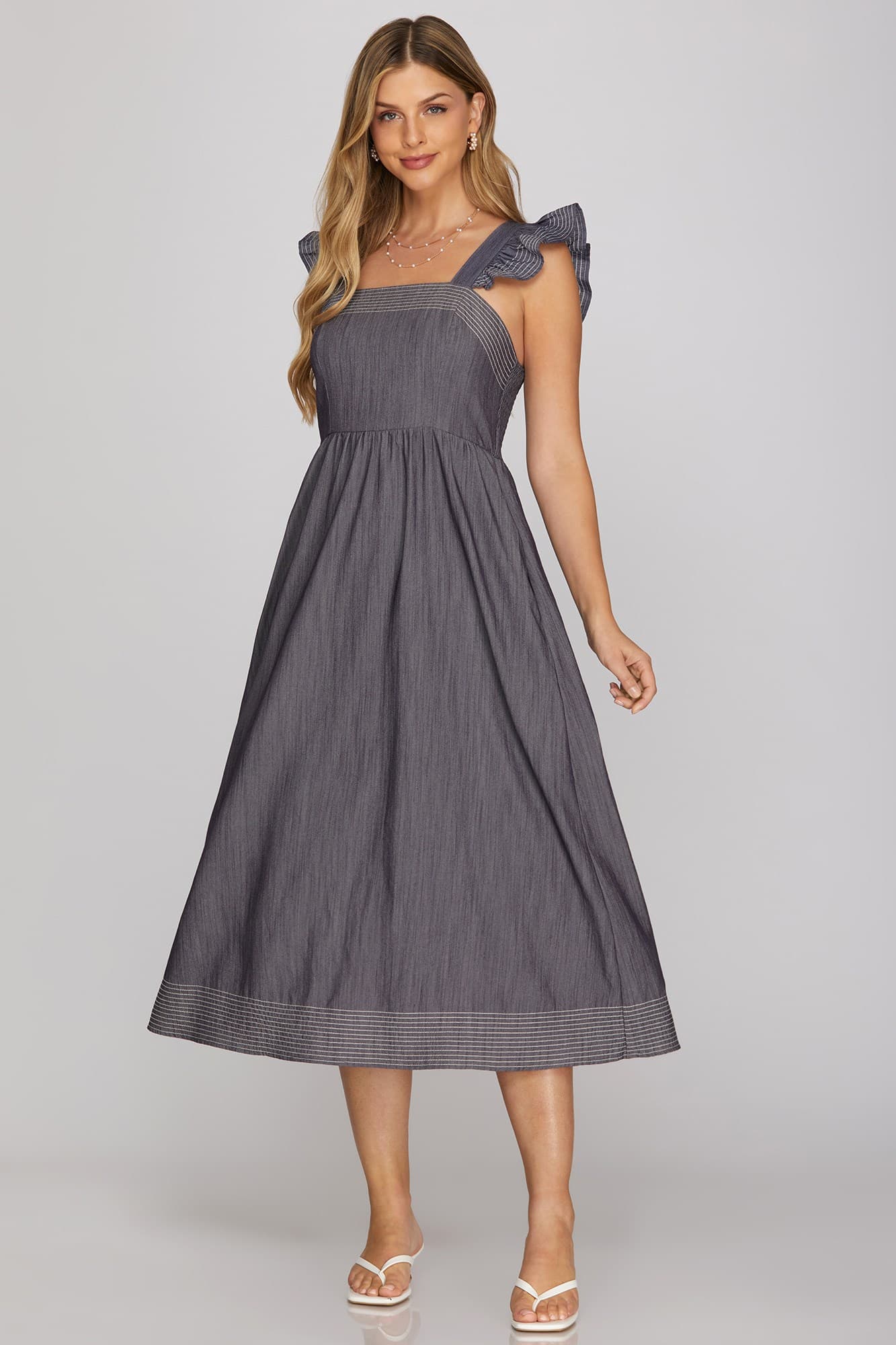 She & Sky Sleeveless Ruffled Shoulder Strap Square Neck Midi Dress in Denim Blue