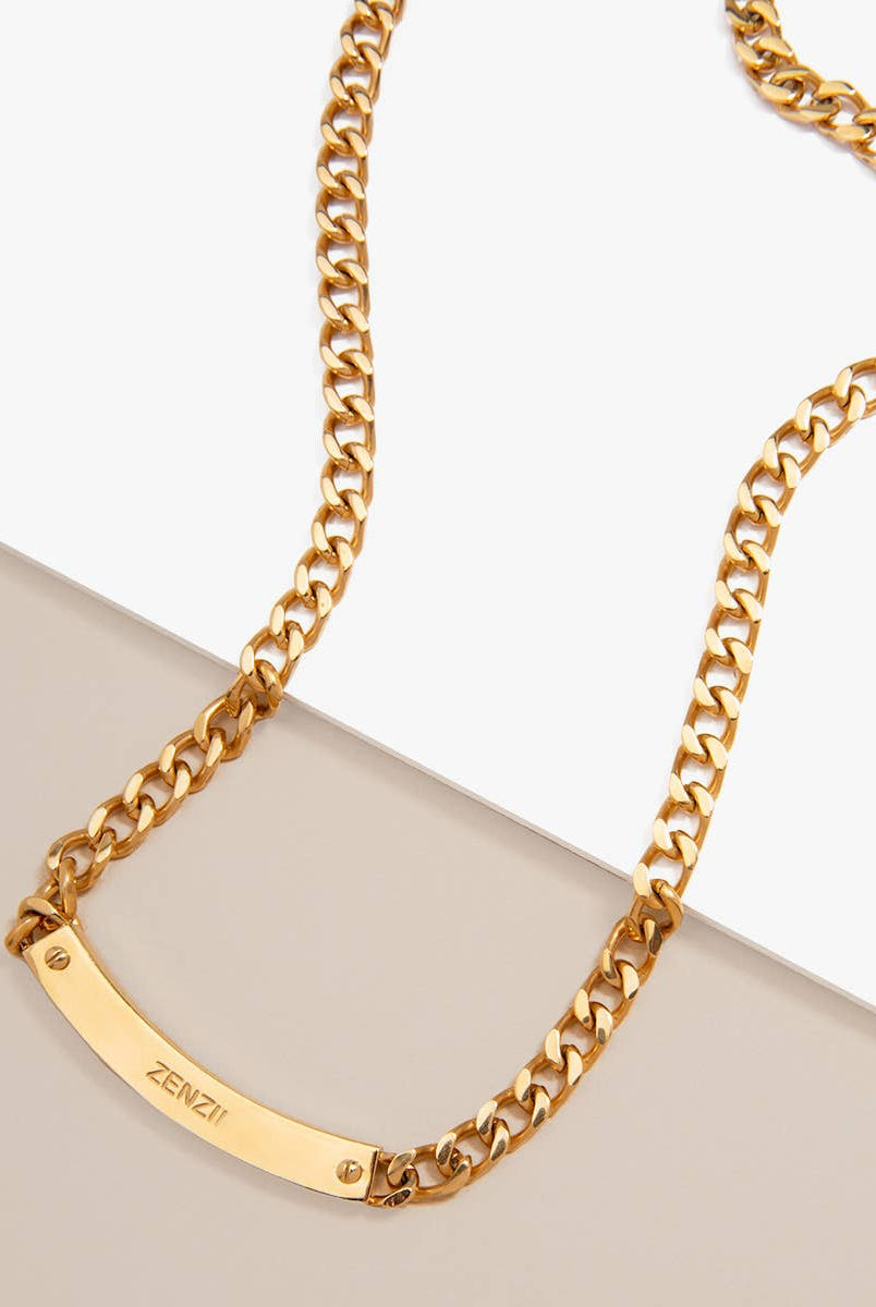 Zenzii Bar Charm Curb Chain Collar Necklace in Gold