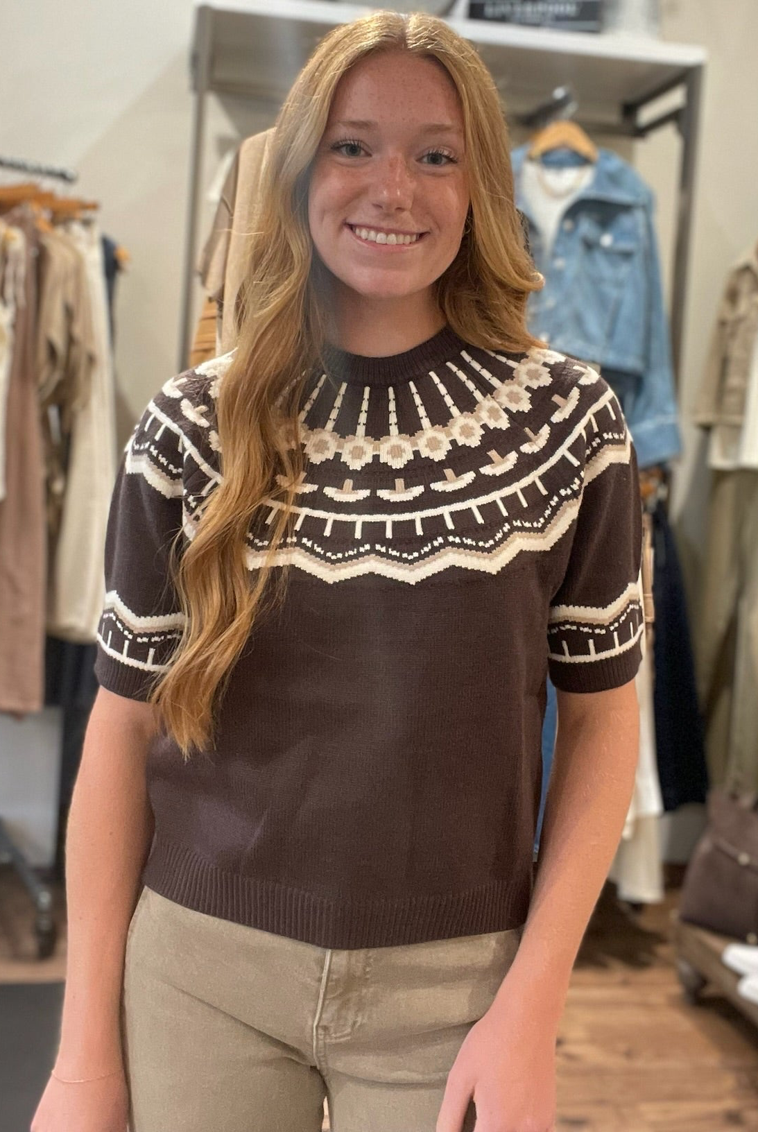 THML Short Sleeve Pattern Sweater - Brown