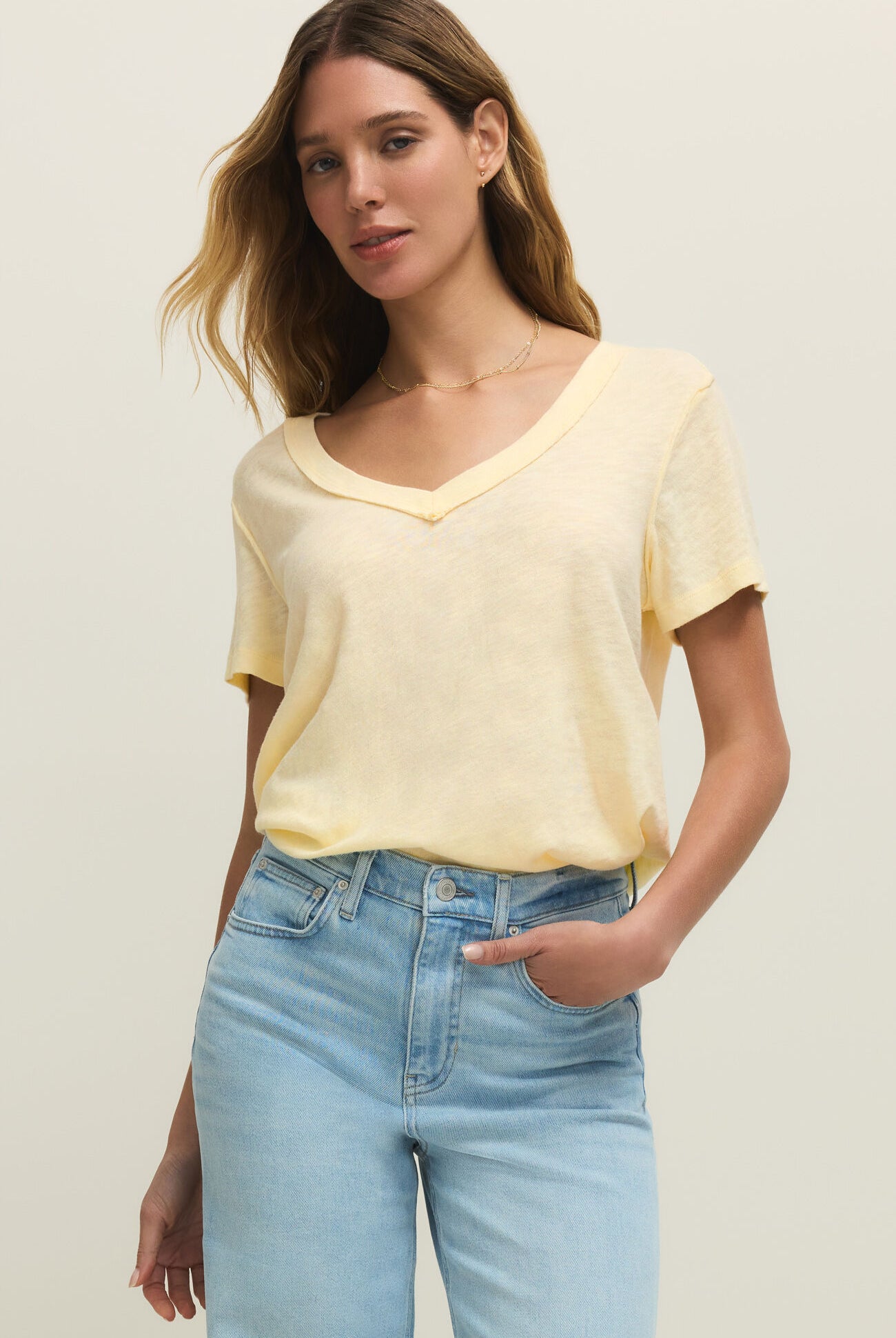 Z SUPPLY light yellow pineapple v-neck short sleeve shirt