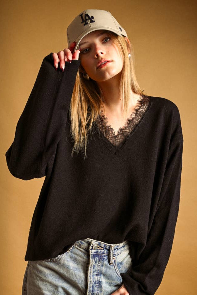 Miou Muse Long Sleeve Lace Contrasted Knit Top - Black