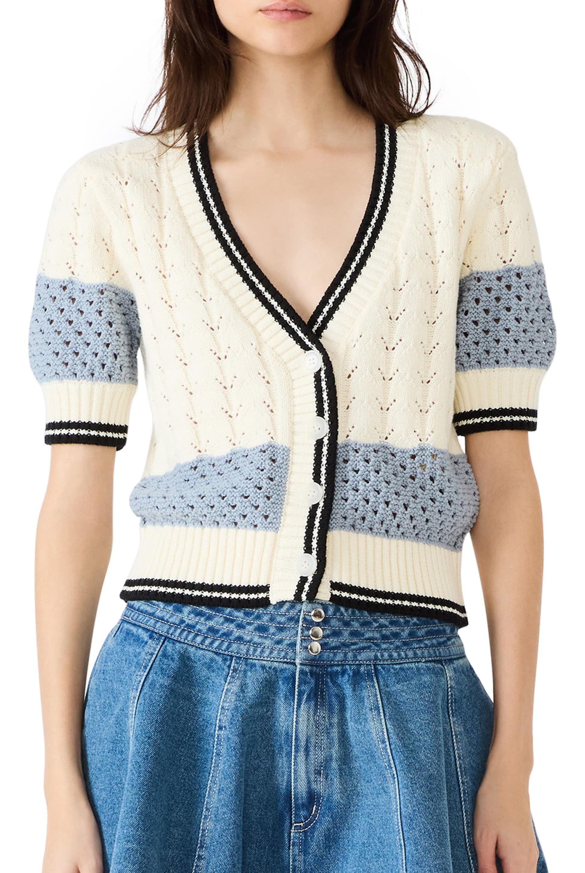 Steve Madden patterned cardigan with short sleeves.