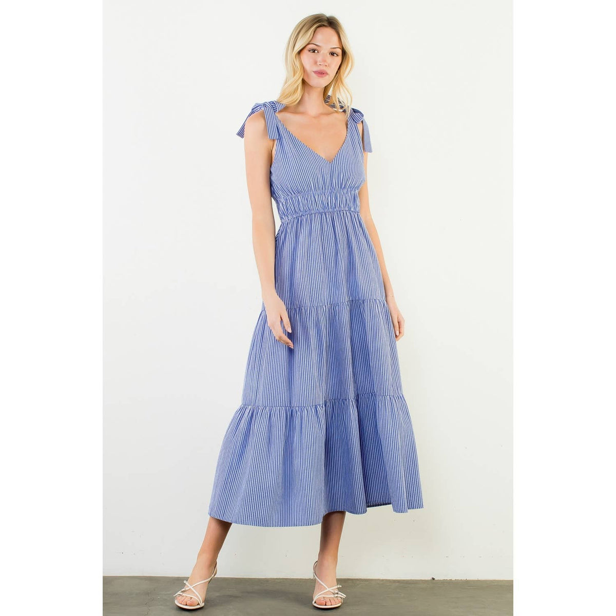 thml maxi dress Blue Floral Print V Neck Sleeveless Flutter Tiered SSYS Cassidy is wearing a small [52 THML Tie Strap Striped Tiered