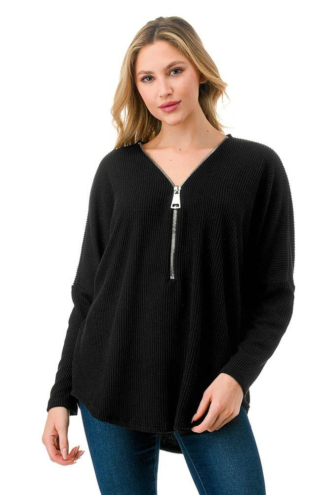 Ariella USA Dolman Sleeve Zipper Top in Black
