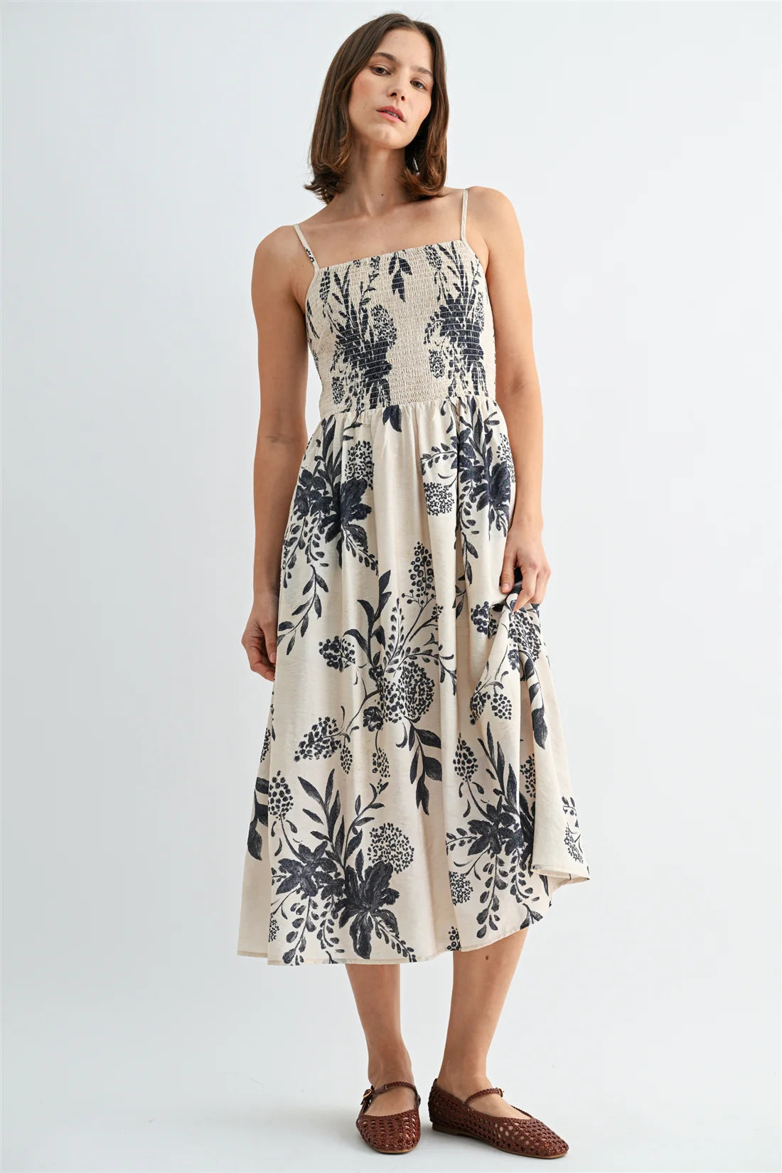 Strappy Smock Top Floral Midi Dress - Ivory/Navy