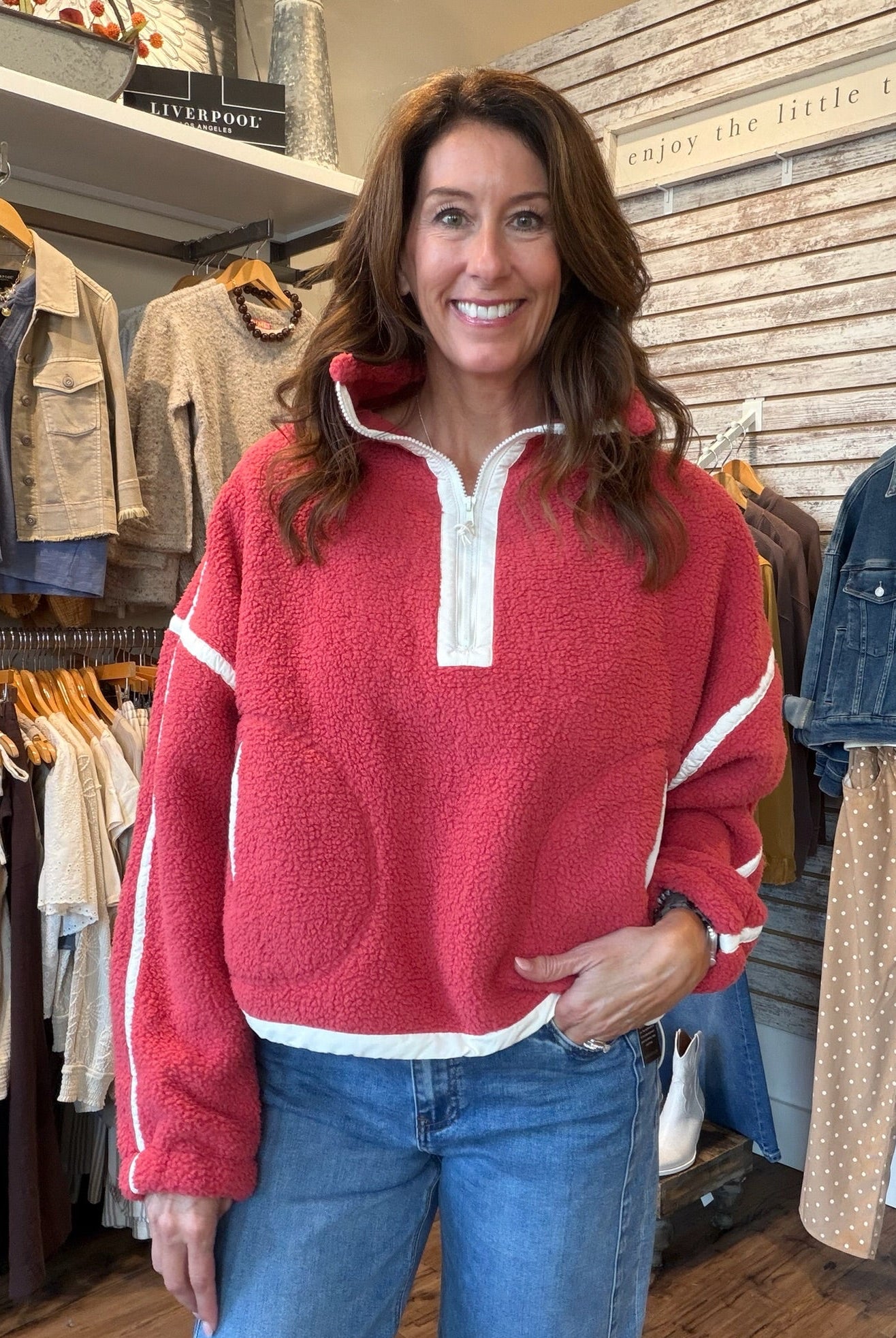 Miou Muse Half Zip Sherpa Pullover - Cherry