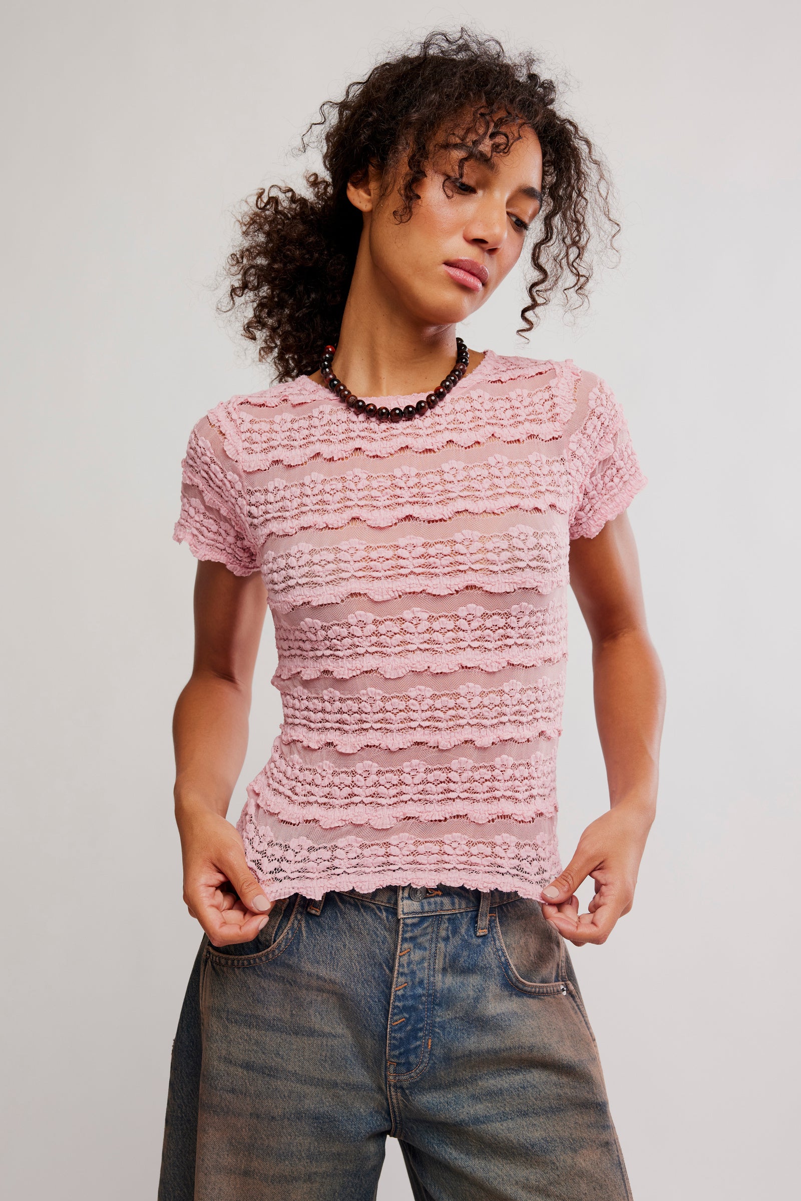 Free People pink short sleeve lace mesh top