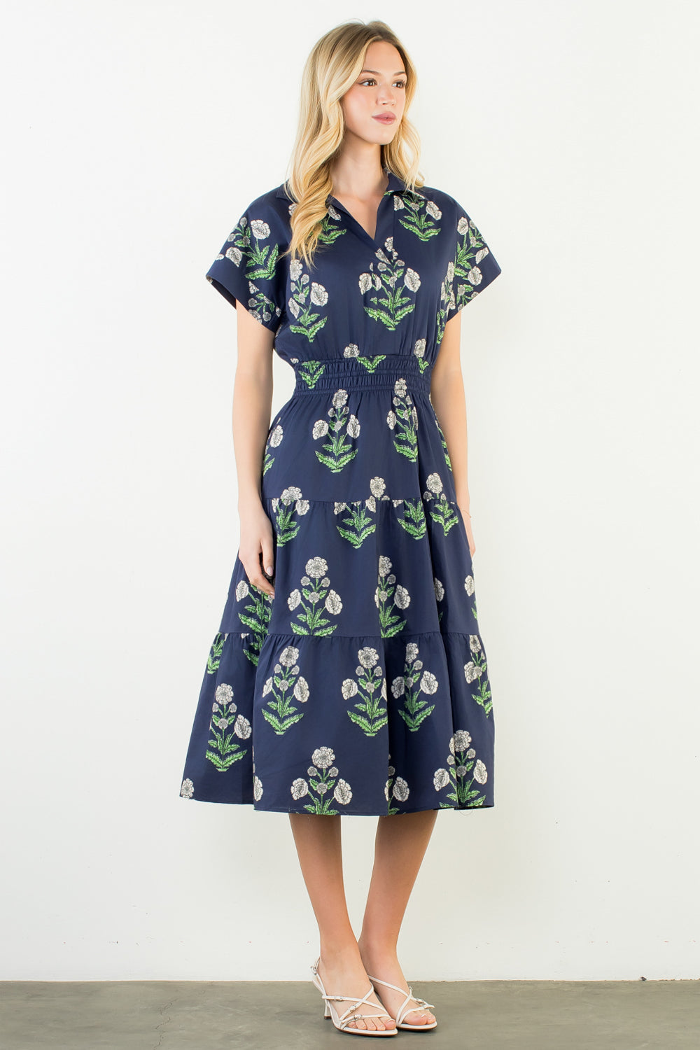 Navy Floral Pattern Smocked Waist Dress