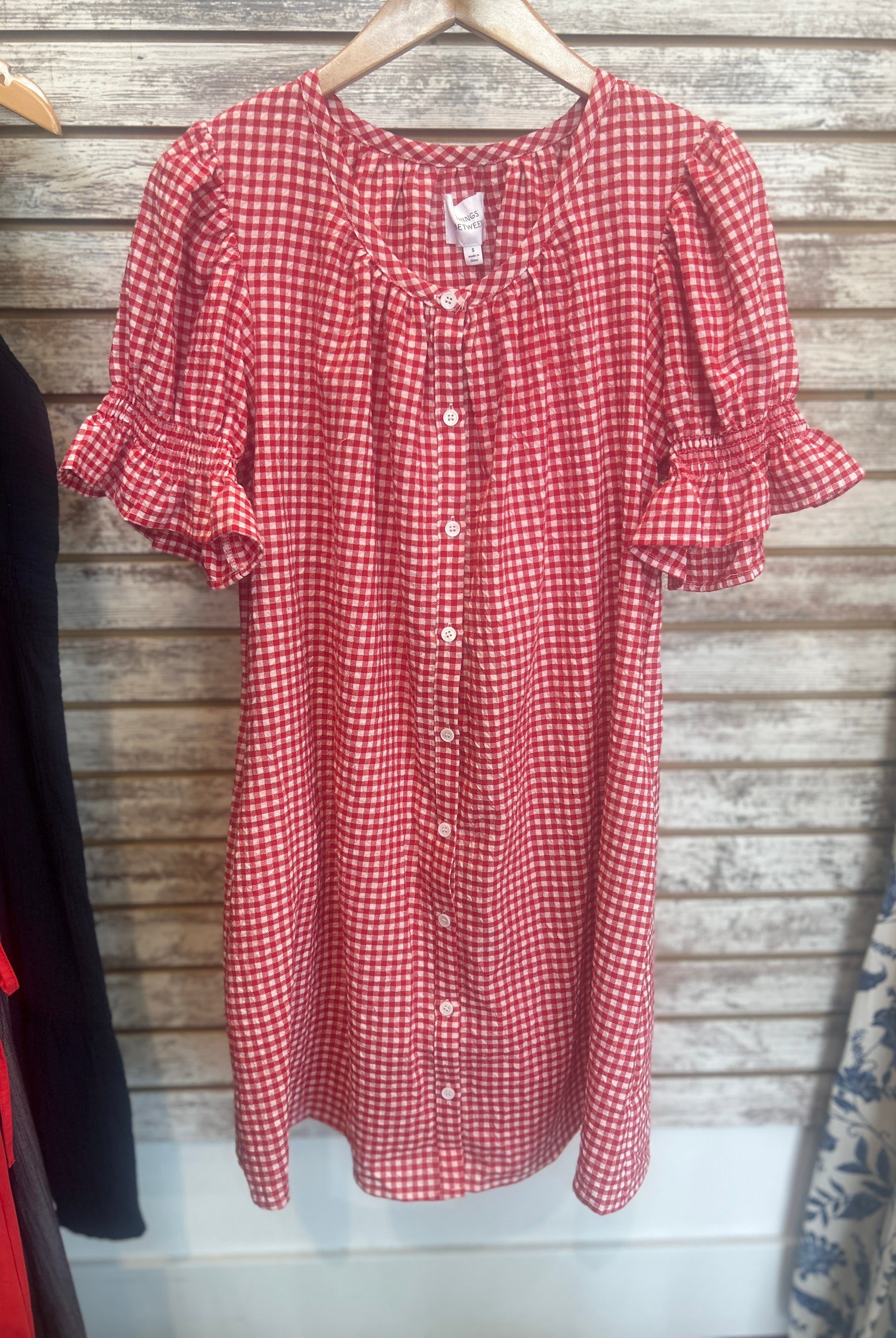 Gingham Puff Sleeve Button Down Mini Dress in Red