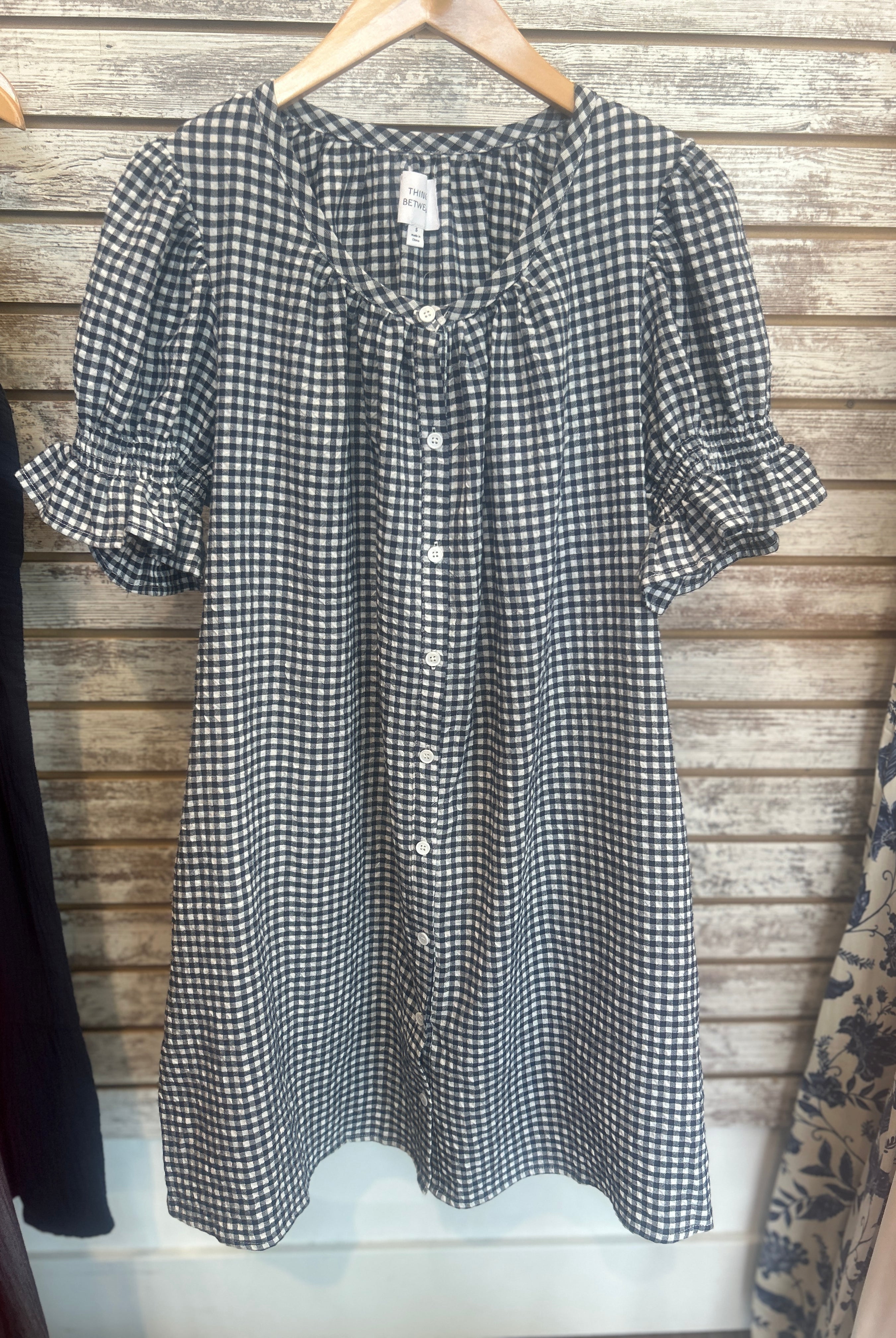 Gingham Puff Sleeve Button Down Mini Dress in Navy