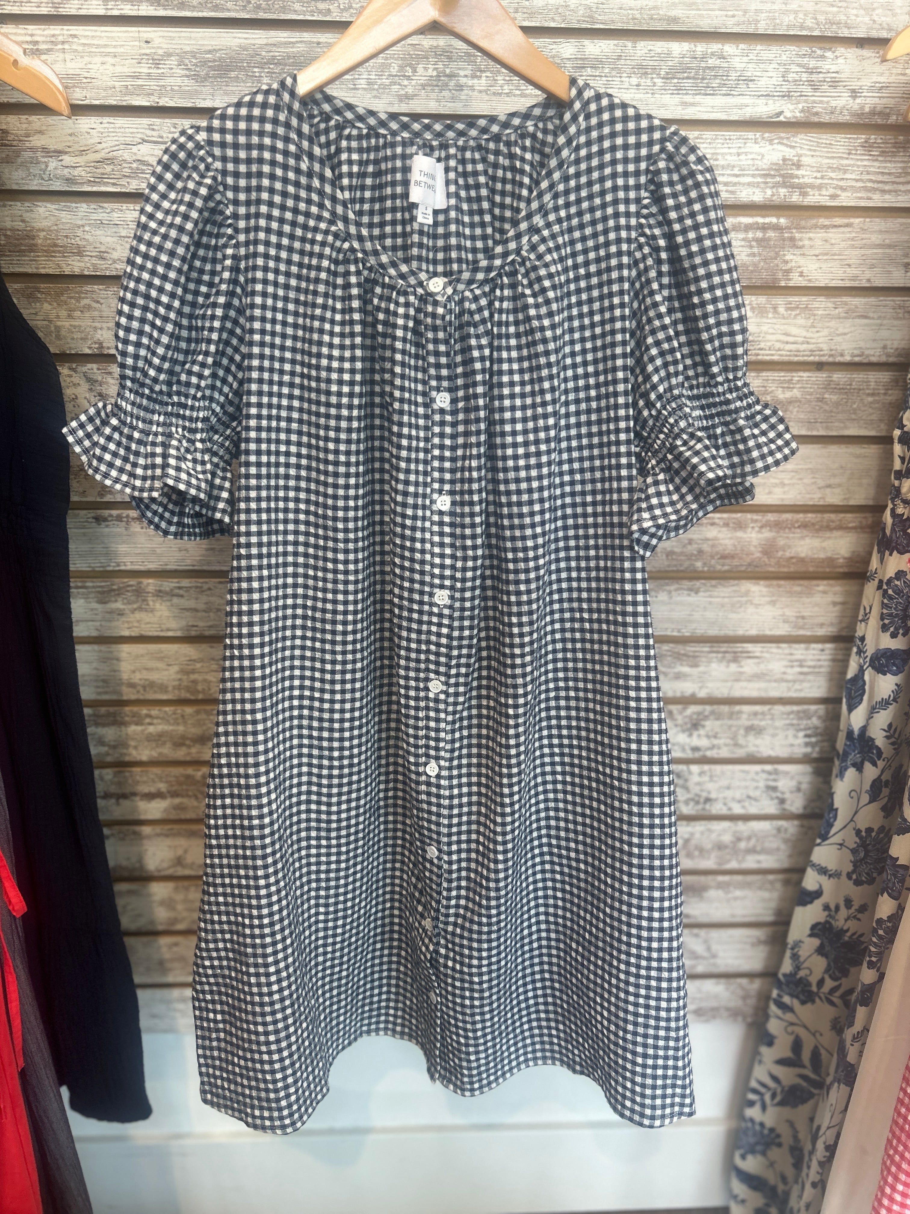 Gingham Puff Sleeve Button Down Mini Dress in Navy
