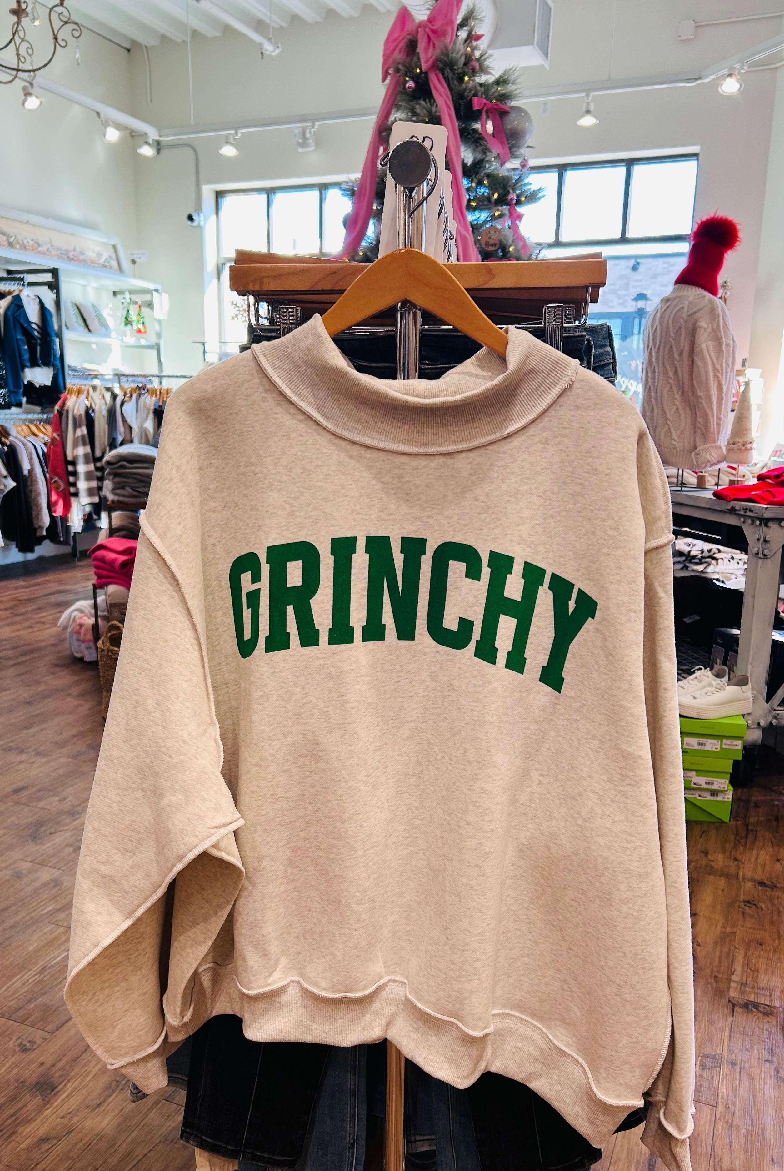Oversized Mock Neck Sweatshirt with Green Grinchy Lettering