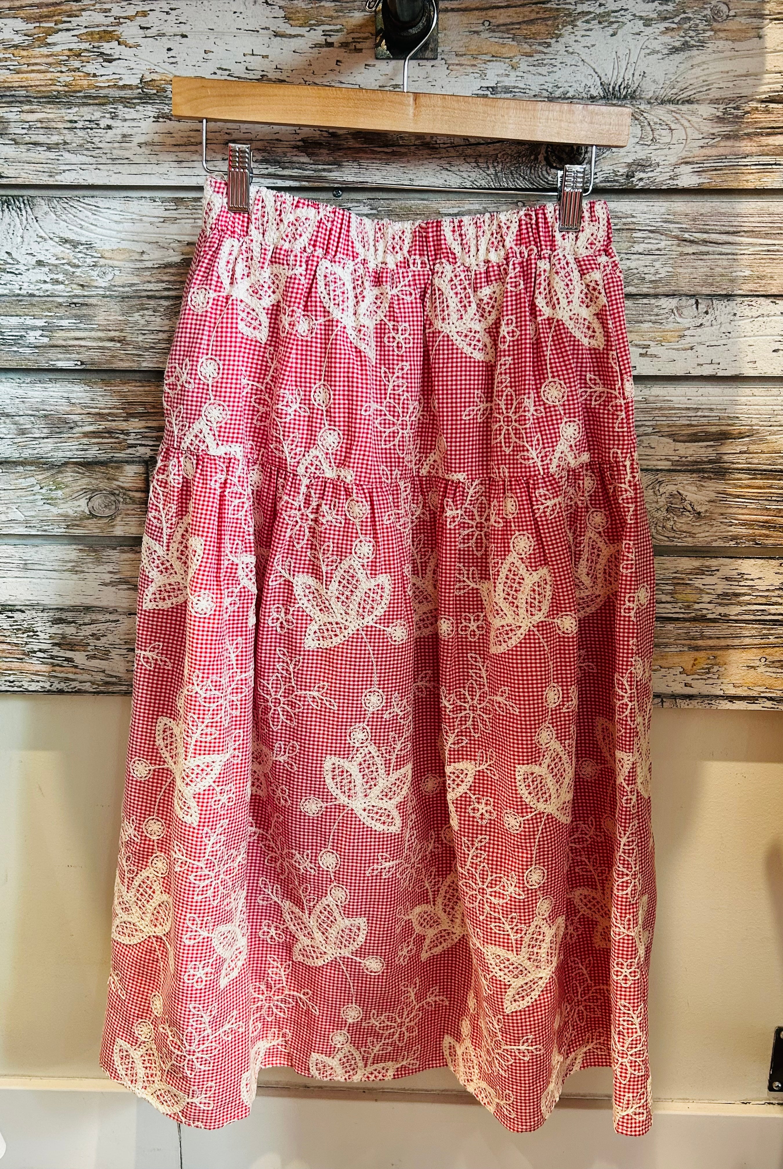 Red Gingham Maxi Skirt with Off-White Floral Embroidery