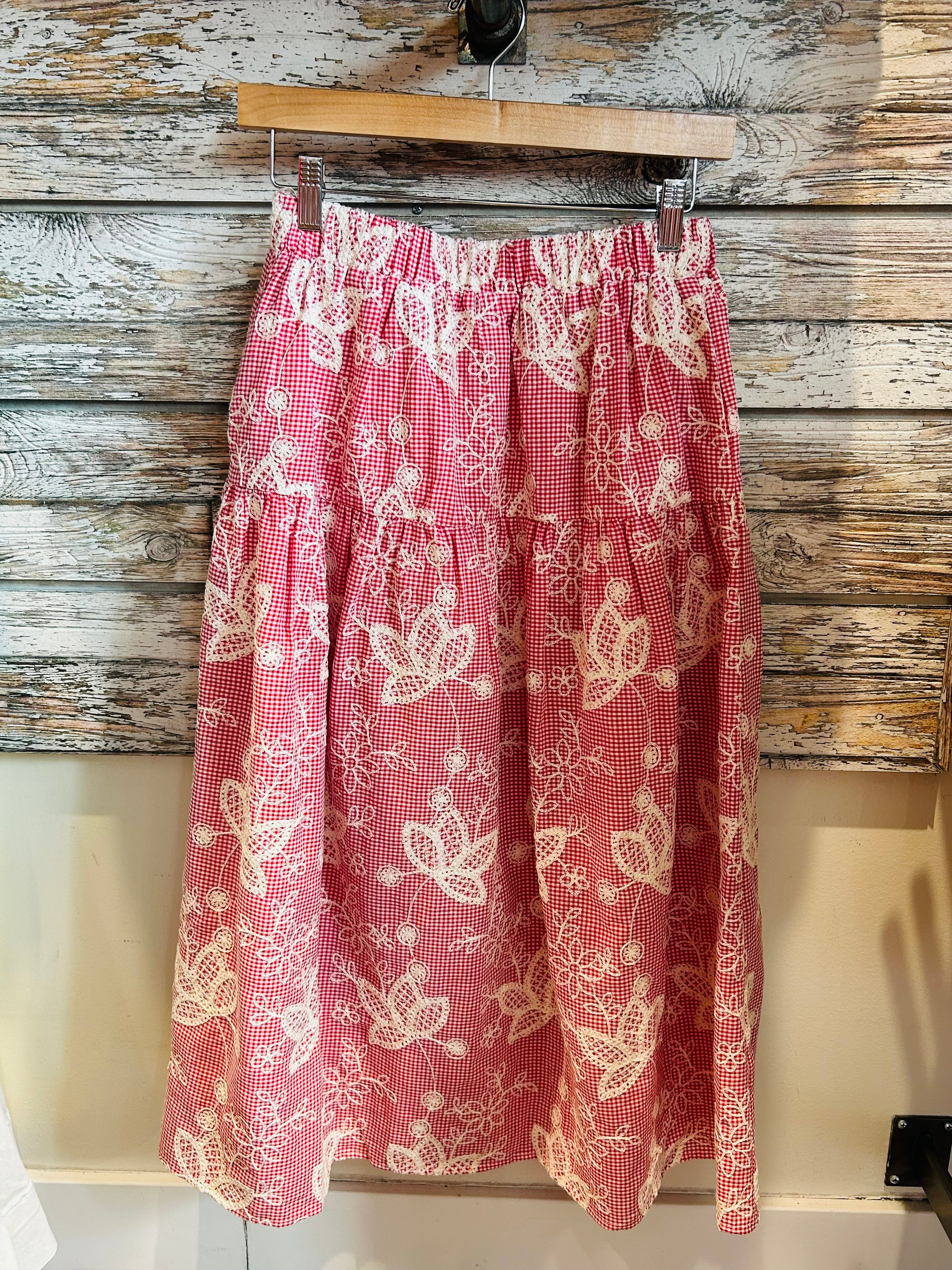 Red Gingham Maxi Skirt with Off-White Floral Embroidery