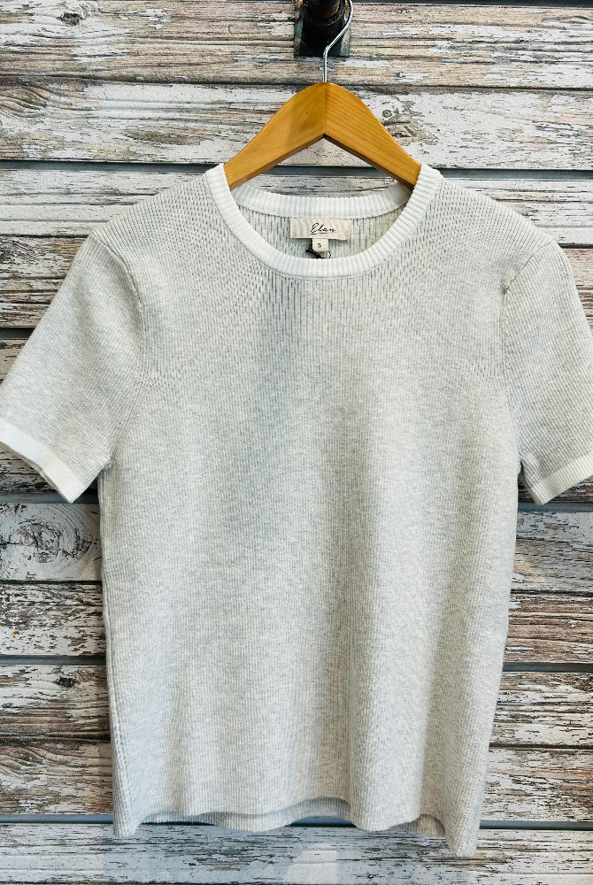 Elan Grey Short Sleeve Top with White Trim at Collar and Sleeves