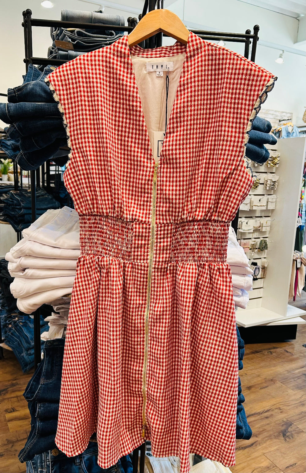 THML Short Sleeveless Zip Front Red Gingham Dress