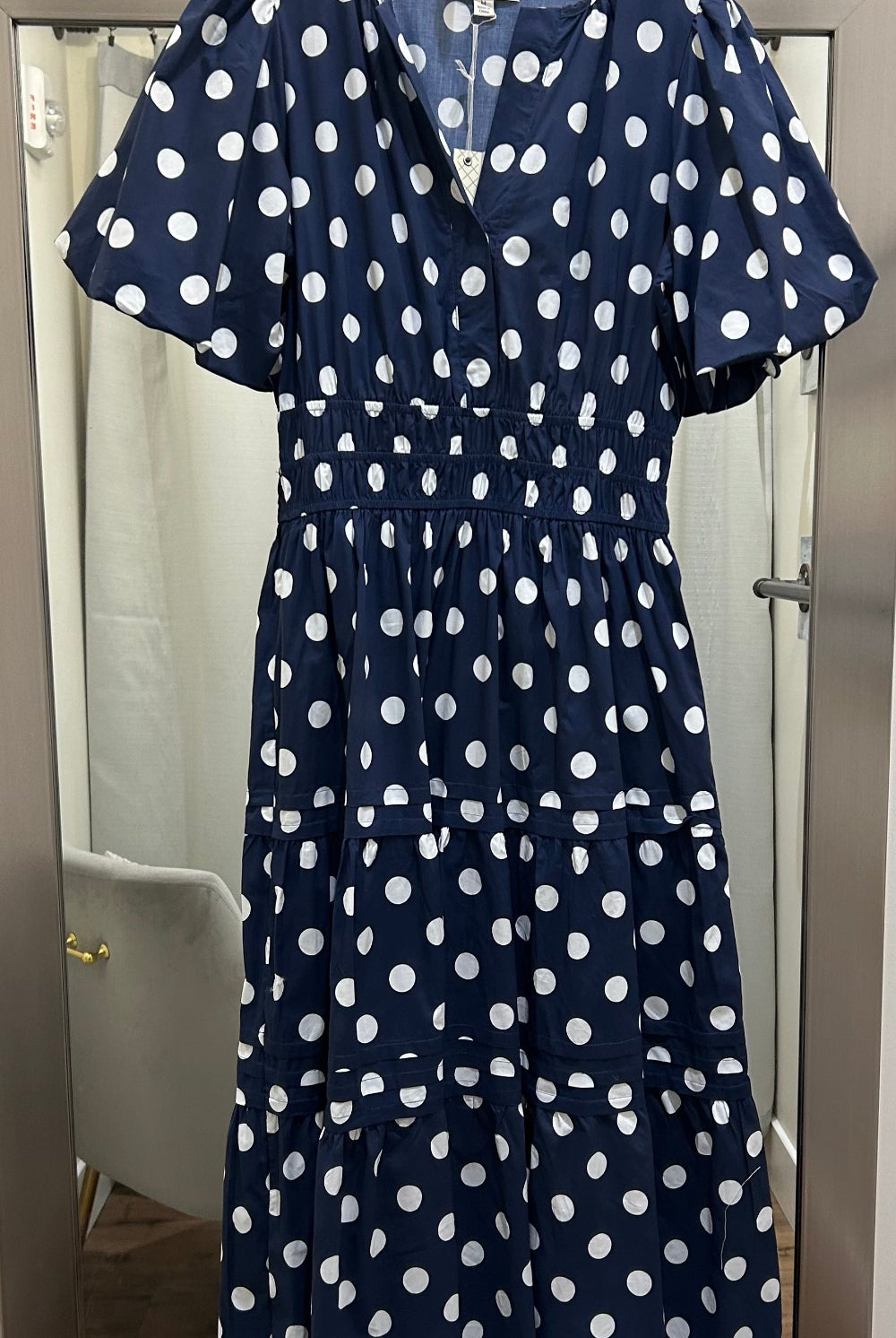 She & Sky Puff Sleeve Polka Dot Print Midi Dress in Navy