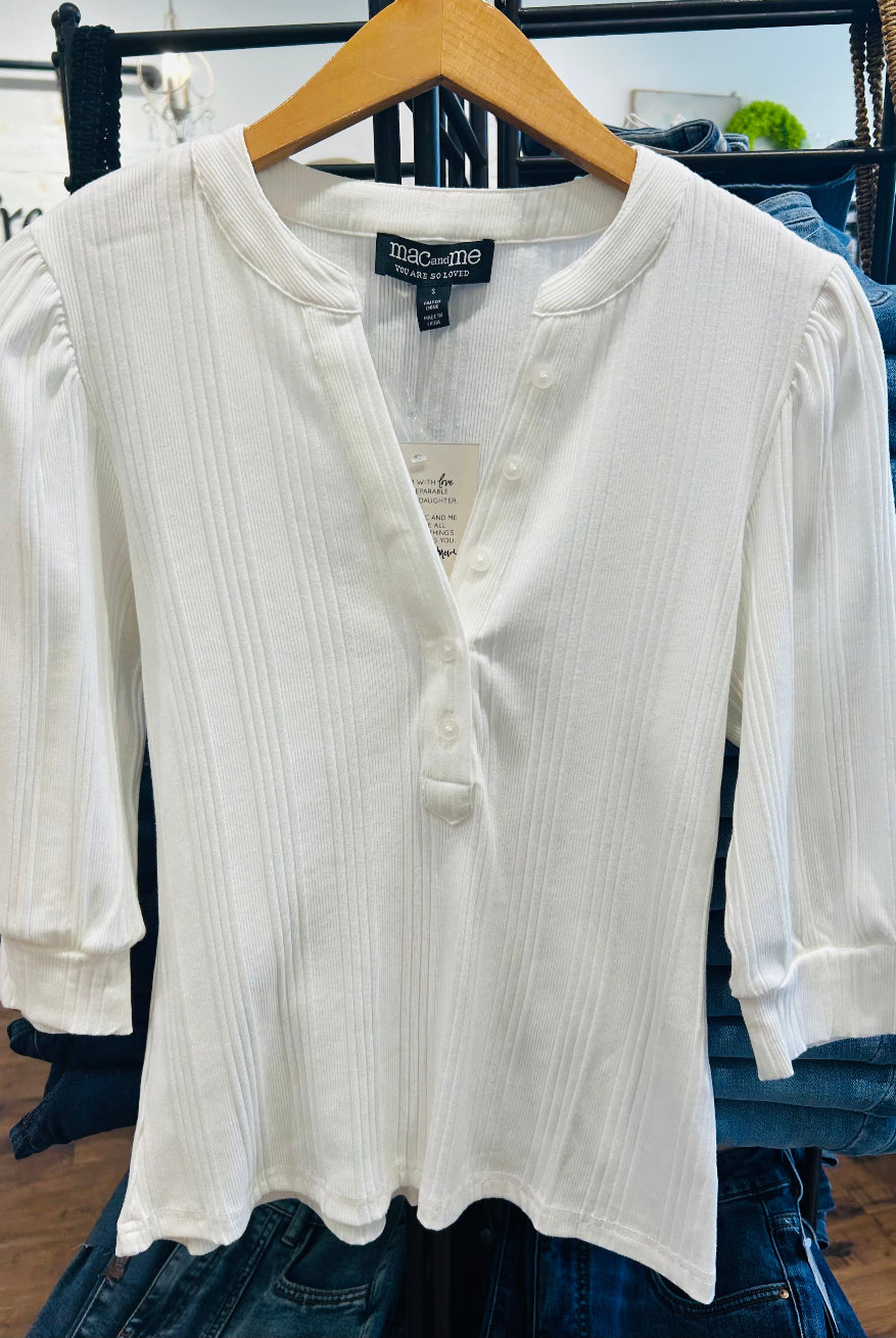 Mac and Me Button Front Elbow Sleeve Ribbed Top - White