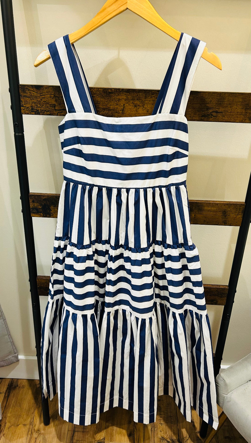 Pinch Contrast Stripe Tiered Midi Dress in Navy