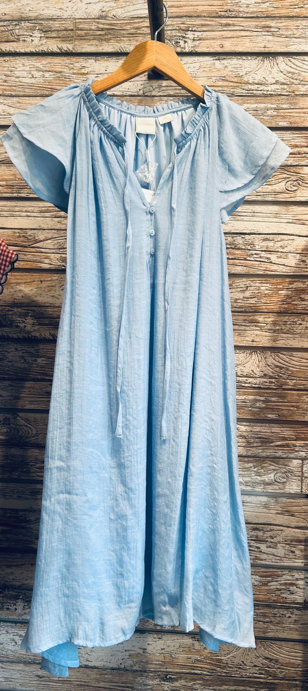 Flutter Sleeve Tie-Neck Dress in Powder Blue