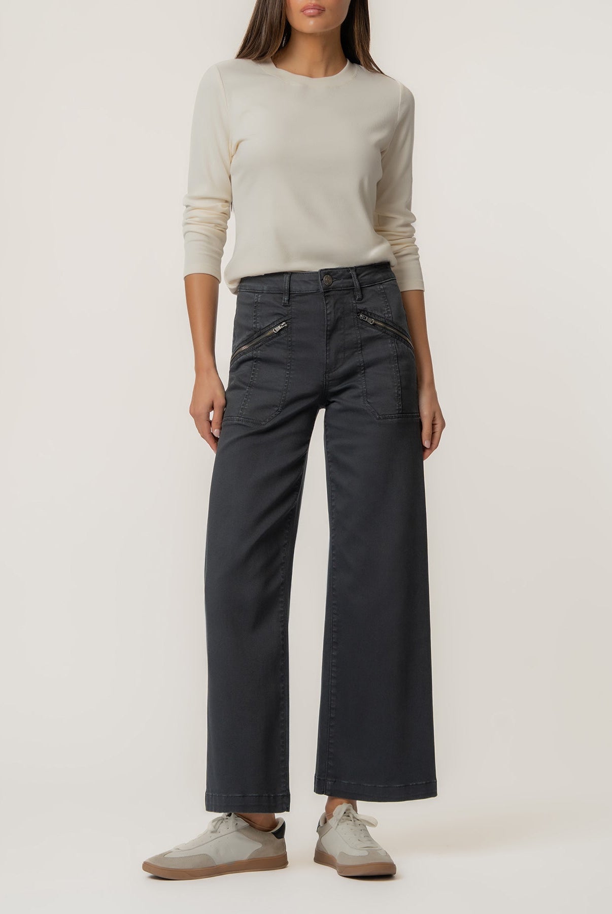Black wide leg pants with front-zip pockets