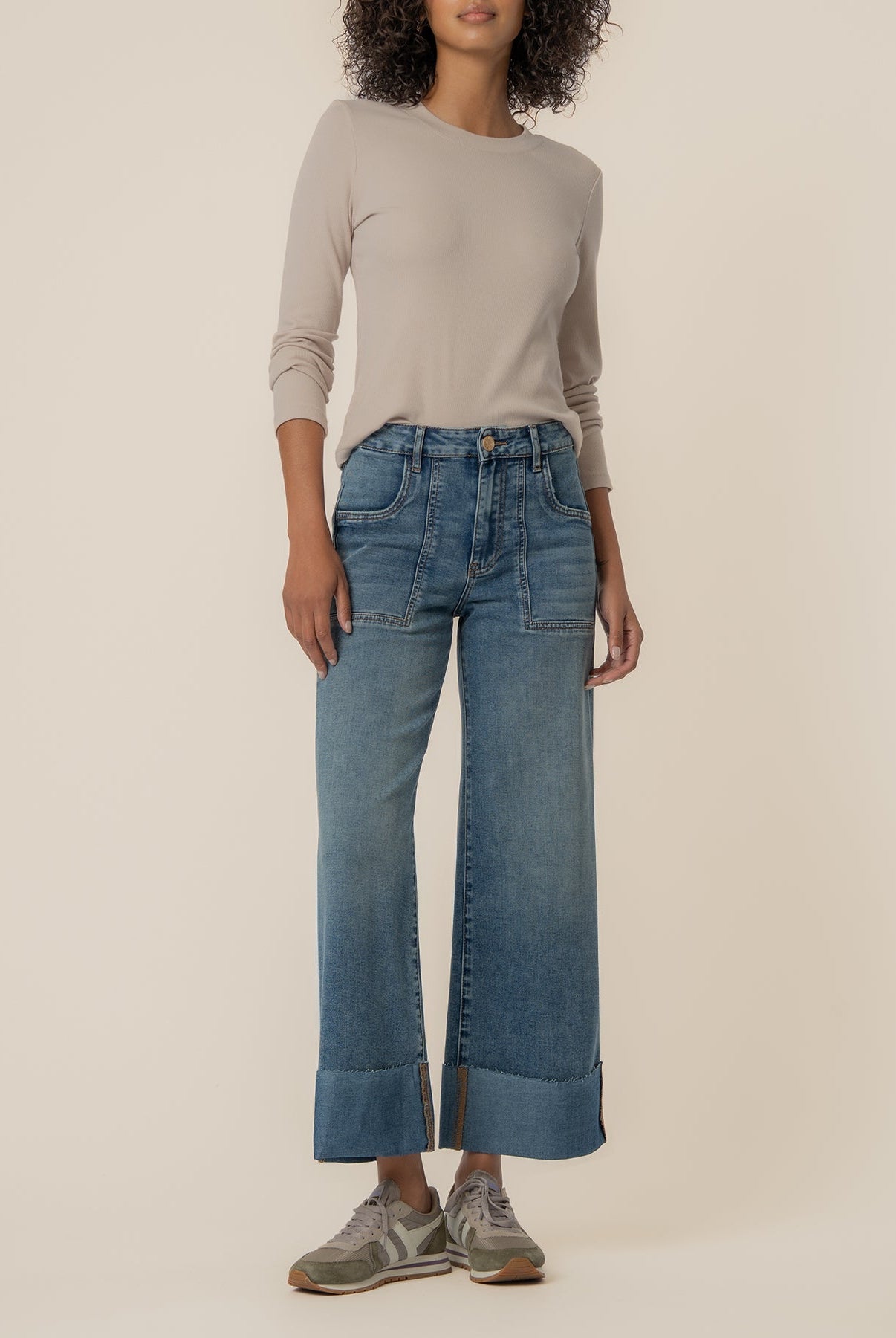 KUT Meg high rise wide leg jeans with rolled up hem and large front pockets