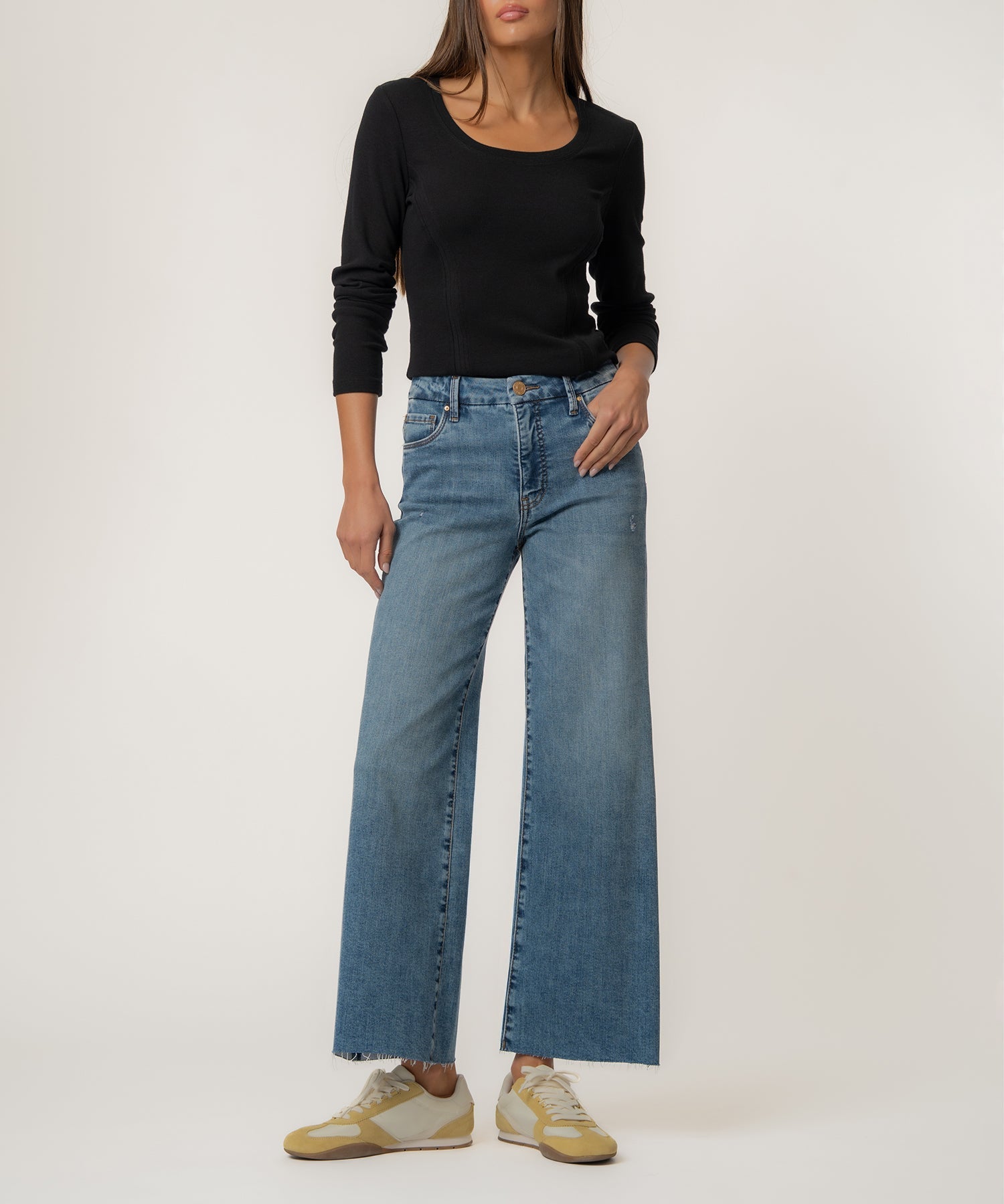 KUT Meg high rise medium wash jeans, raw hem