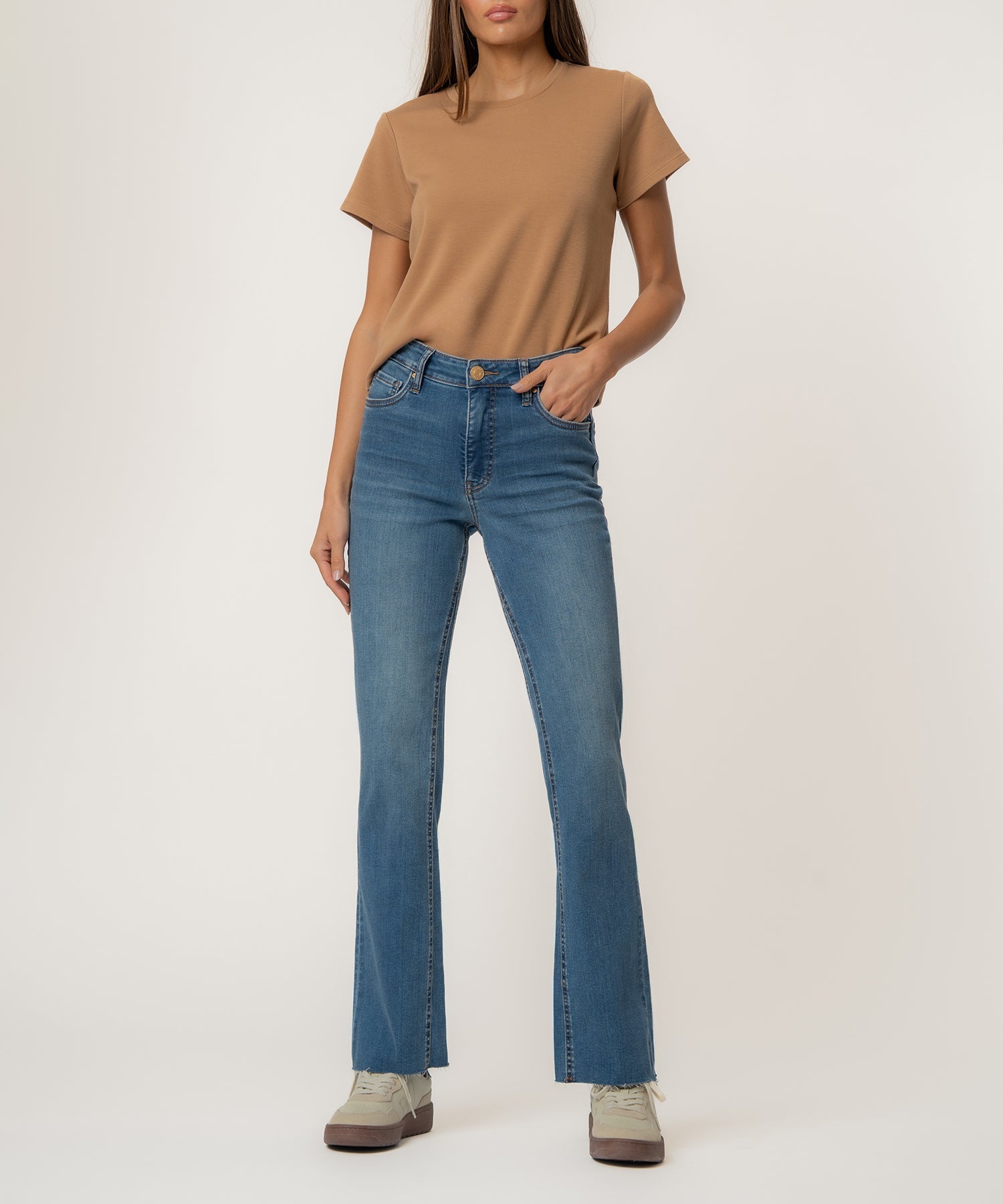 KUT medium wash high rise flare jeans with raw hem