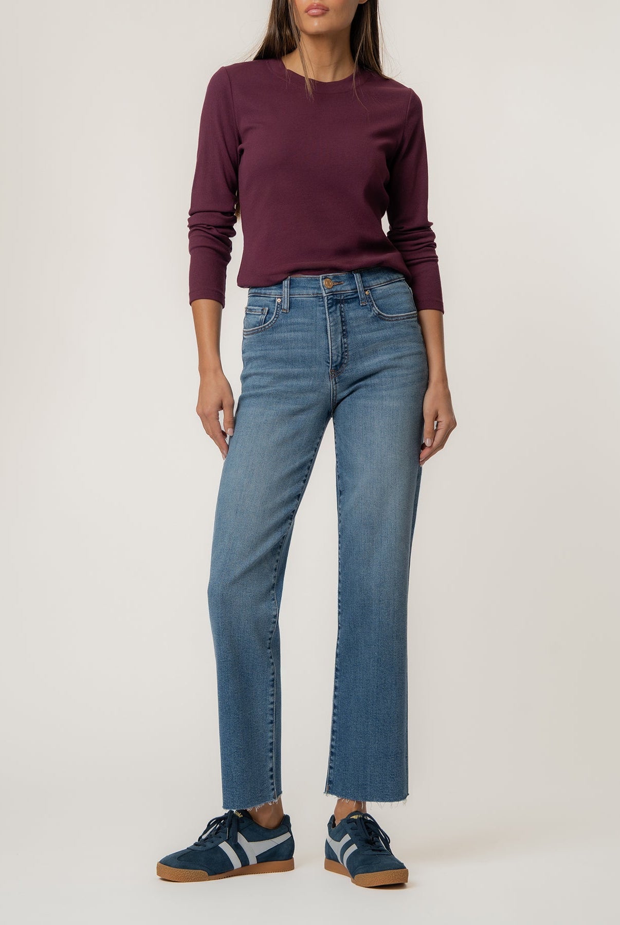 KUT Avery high rise straight leg jeans with raw hem and medium blue wash