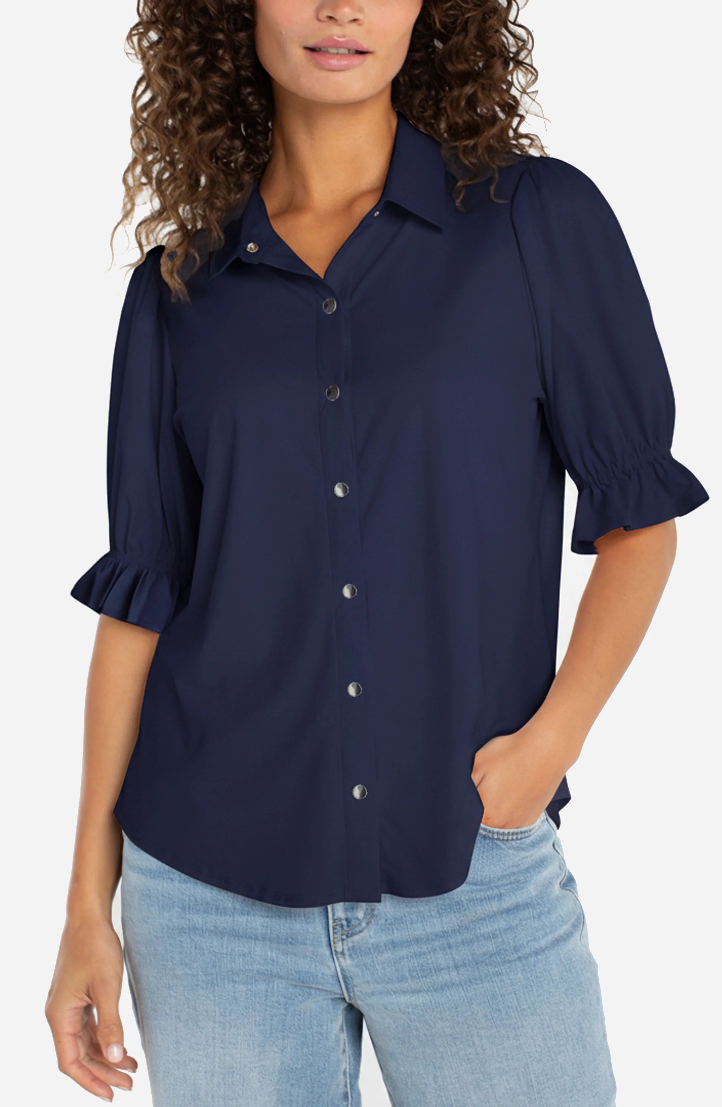 Navy Button Front Blouse with Ruffled Sleeves