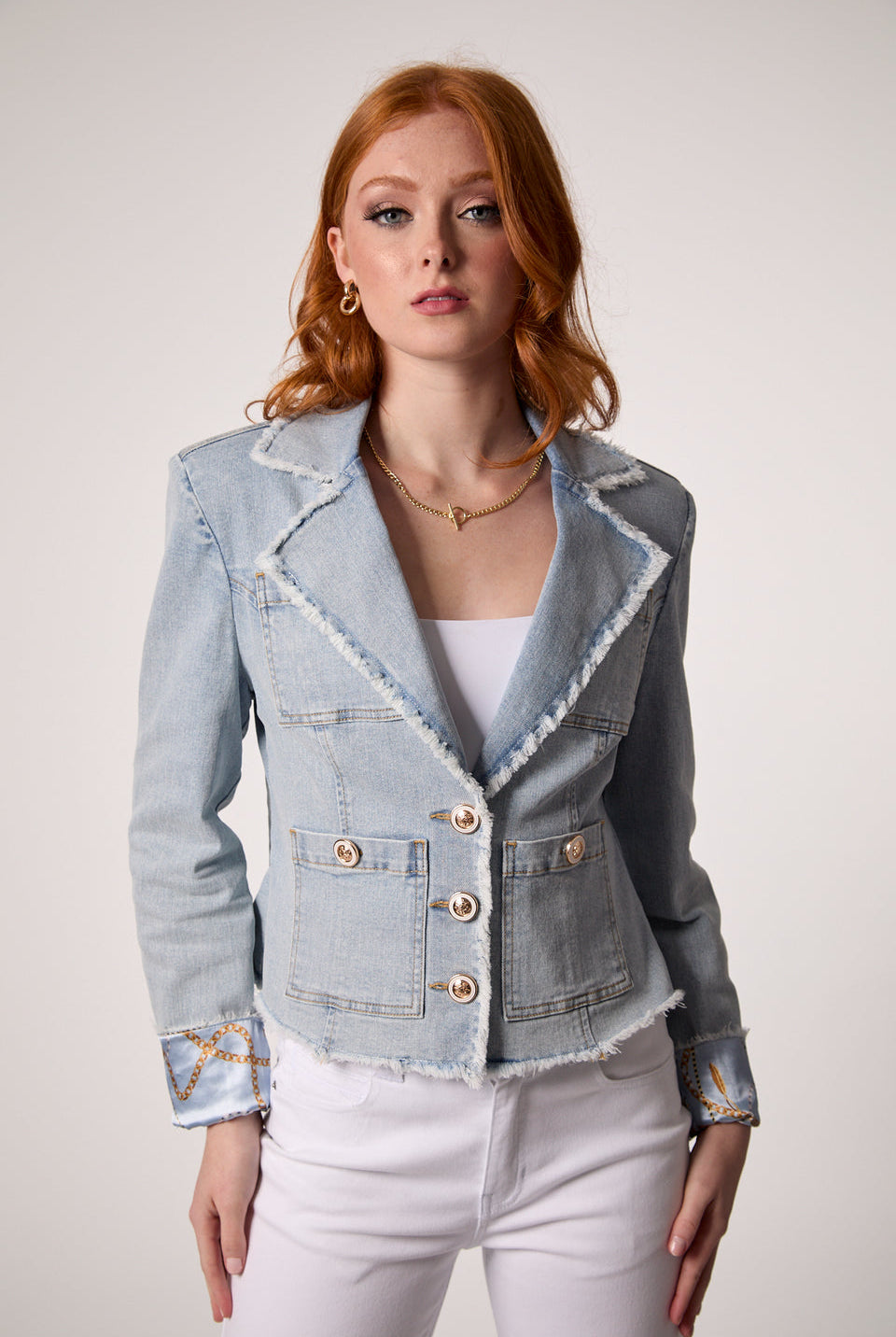 Blue Revival Light Blue Denim Frayed Blazer with Gold Details