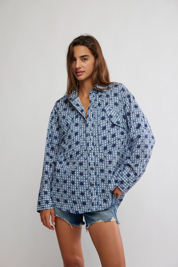 blue patterned long sleeve shirt