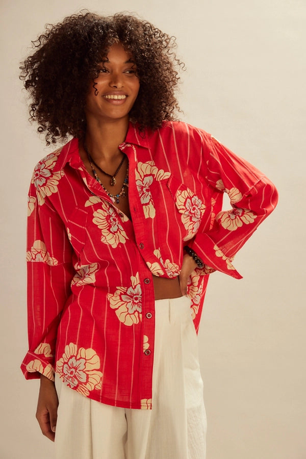 Red floral shirt button-up shirt