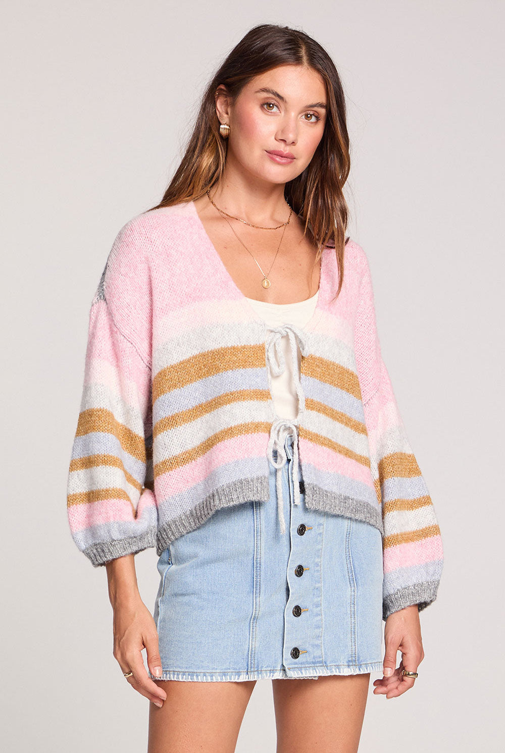 pink striped tie front cardigan
