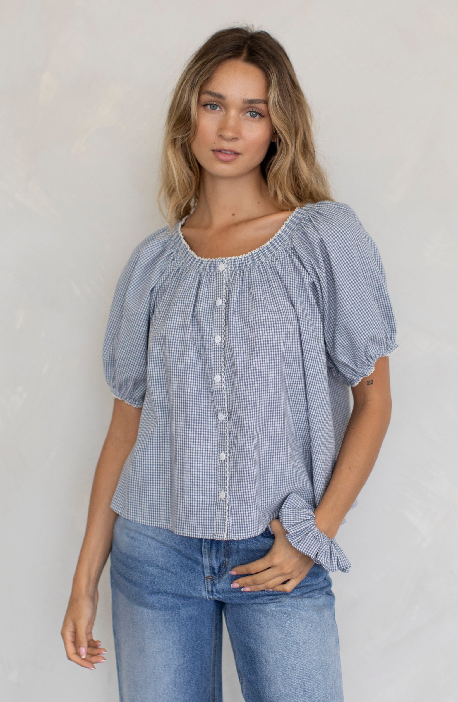Joey Checker Puff Sleeve Blouse in Dusty Blue